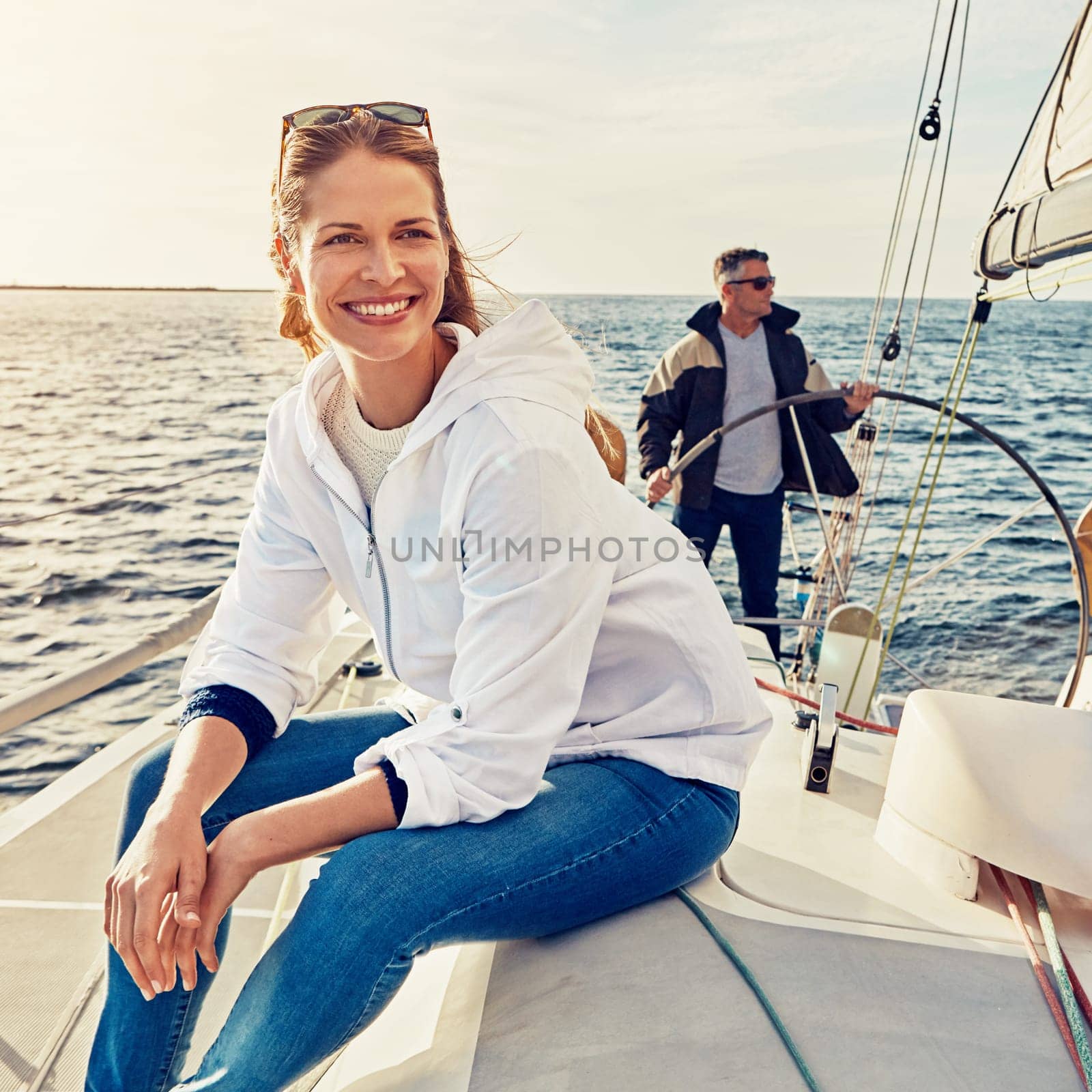 Happy woman, success or investment yacht on ocean, sea or water sailing in relax holiday, wealth vacation or summer break. Mature, man or couple on luxury boat in retirement travel or hobby activity by YuriArcurs