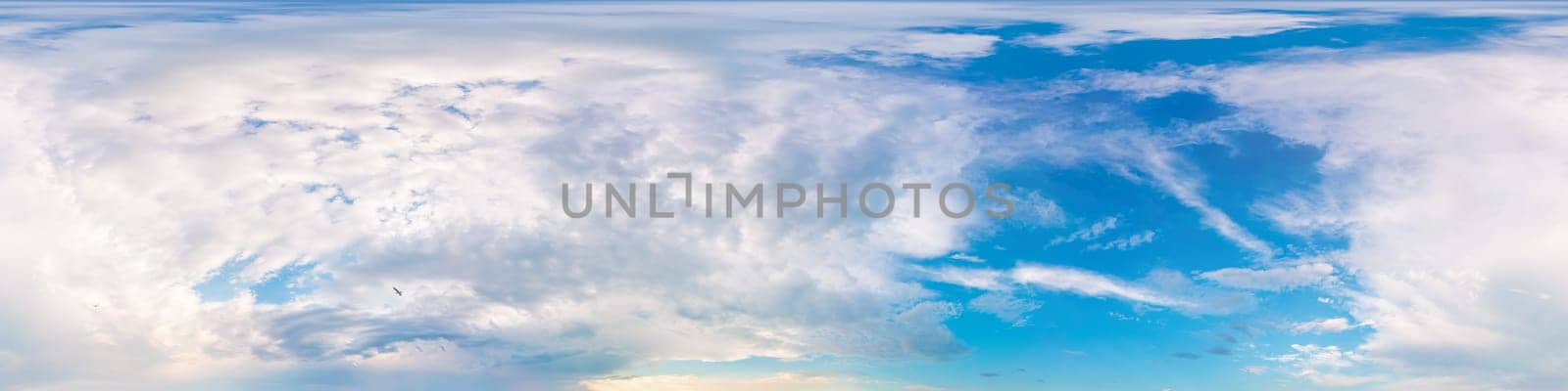 Dark blue sunset sky panorama with puffy Cumulus clouds. Seamless hdr 360 panorama in spherical equirectangular format. Full zenith for 3D visualization, sky replacement for aerial drone panoramas. by panophotograph