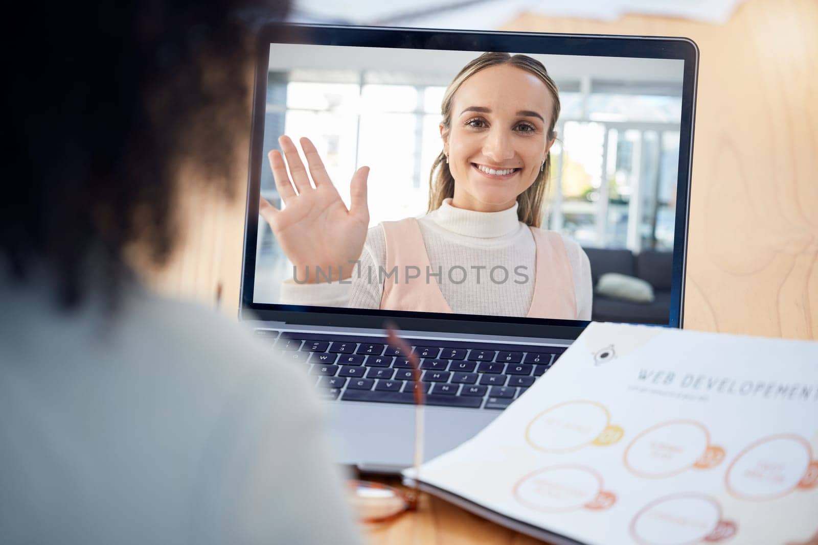 Video call, laptop screen and women in business, digital marketing or virtual b2b communication for website development, portfolio and company update. global employees in a webinar zoom call talking.