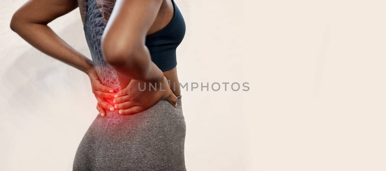 Back pain, red and woman isolated on wall background for fitness, exercise and sports injury, emergency and risk. Medical, spine and athlete with anatomy problem in workout with studio mockup space.