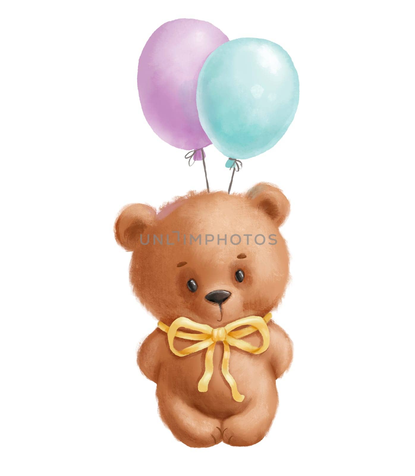 Cute teddy bear with bow and balloons. Hand darwn cartoon illustration isolated on white background