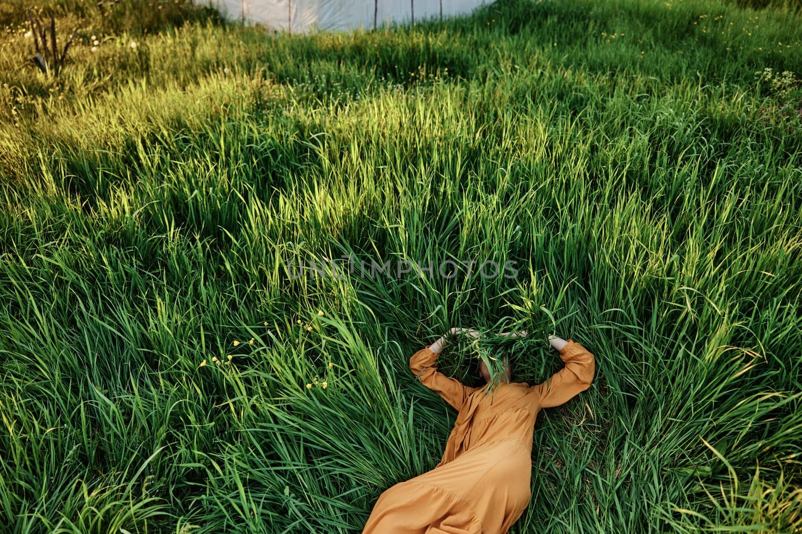 a sweet, calm woman in an orange dress lies in a green field, covering her face with long leaves of grass, enjoying silence and peace. Horizontal photo taken from above by Vichizh
