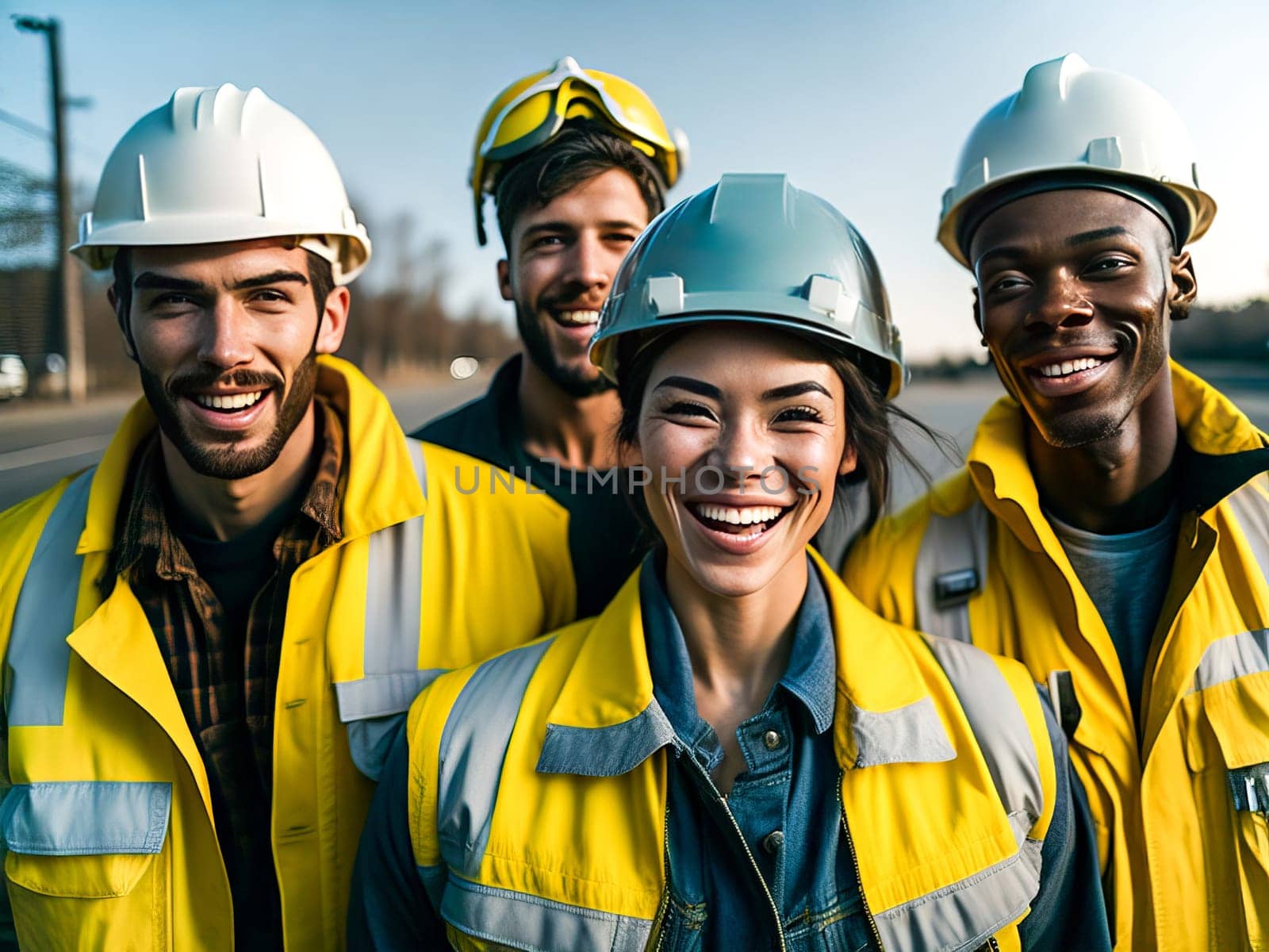 Team of construction workers wearing protective helmets and vests working on construction site. Generative Ai