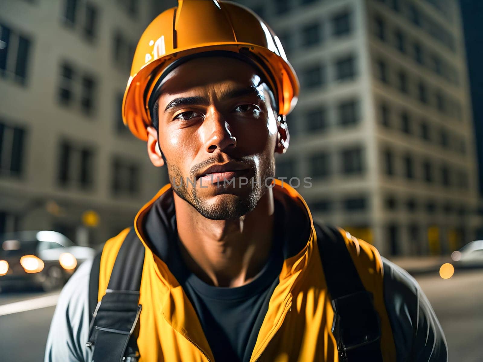 Portrait of construction worker with safety helmet on head in vest standing at construction site and looking away from camera. Generative Ai
