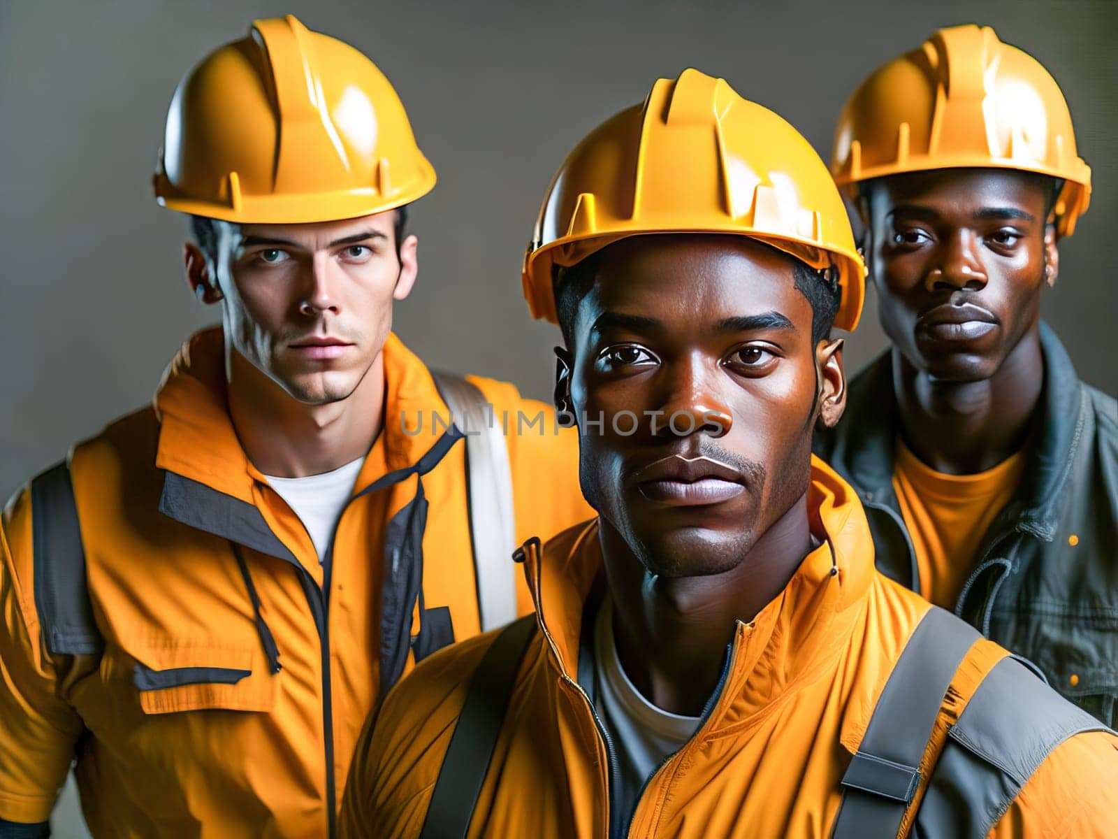 Team of construction workers wearing protective helmets and vests working on construction site. Generative Ai.