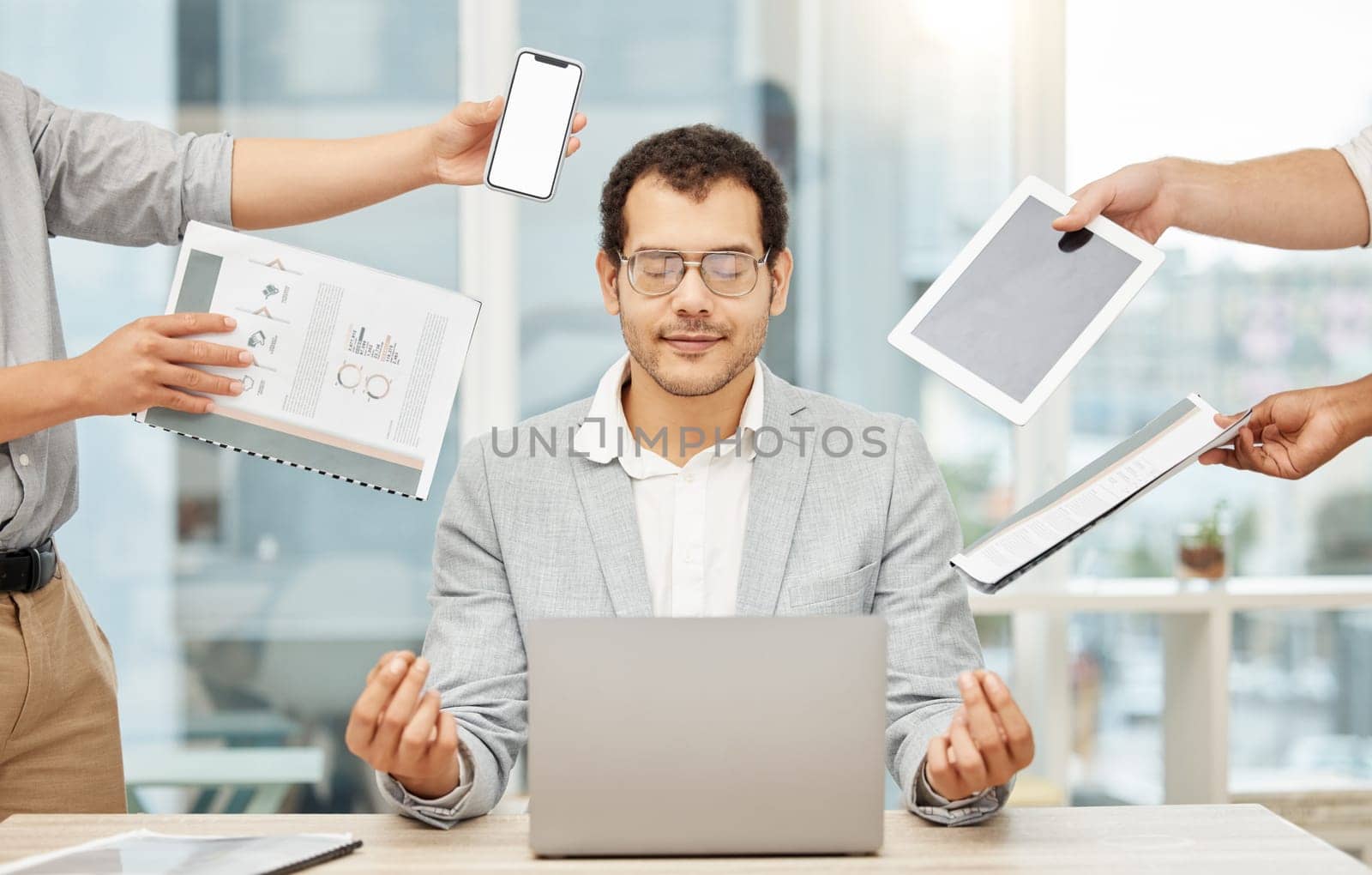 Calm, multitask and meditation of business man on laptop, documents and phone call or tech in office. Mental health, time management and wellness of professional manager, computer and people hands by YuriArcurs