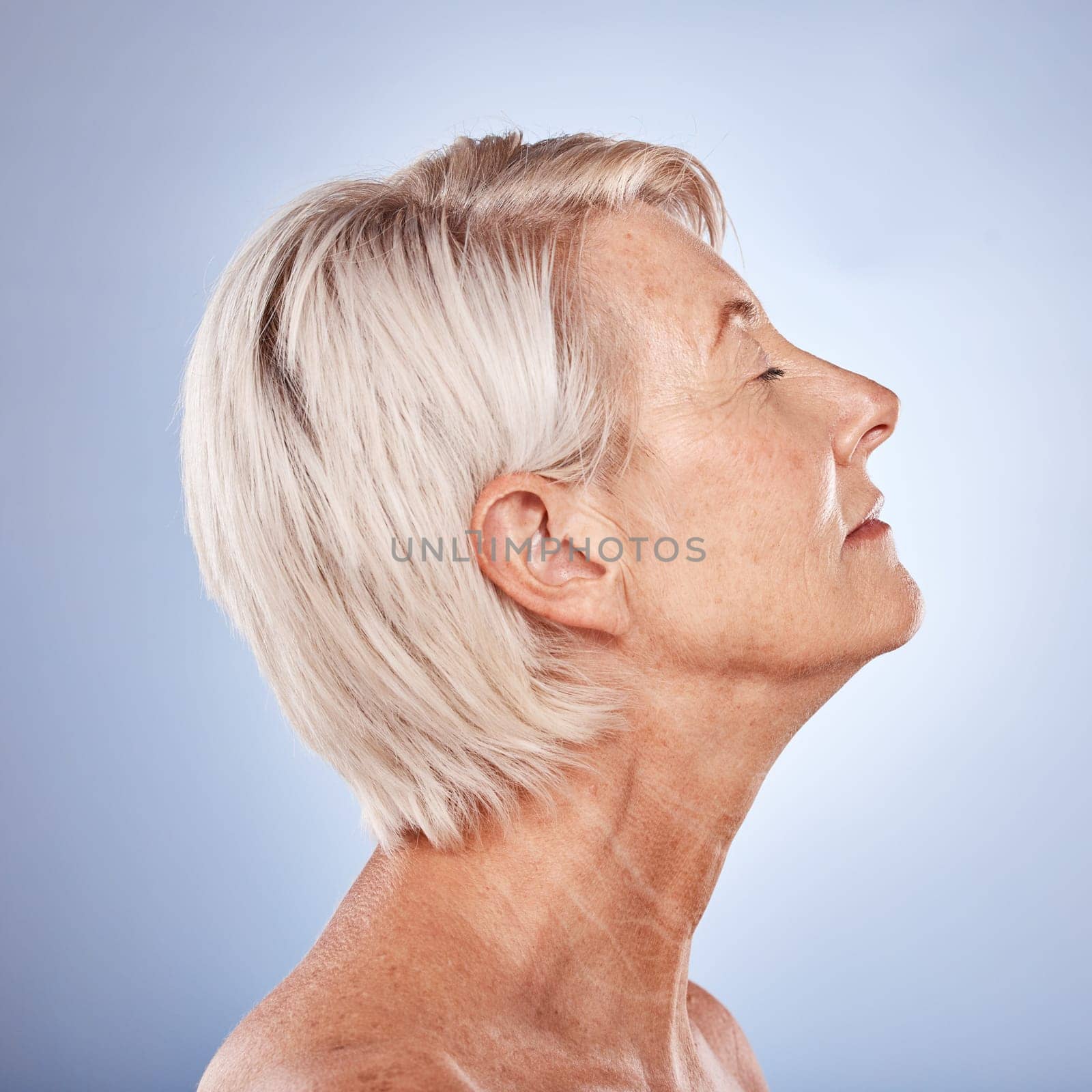 Senior woman, profile and facial skincare for natural beauty or luxury cosmetics makeup. Elderly model, face dermatology wellness and healthy body lifestyle or collagen therapy in grey background
