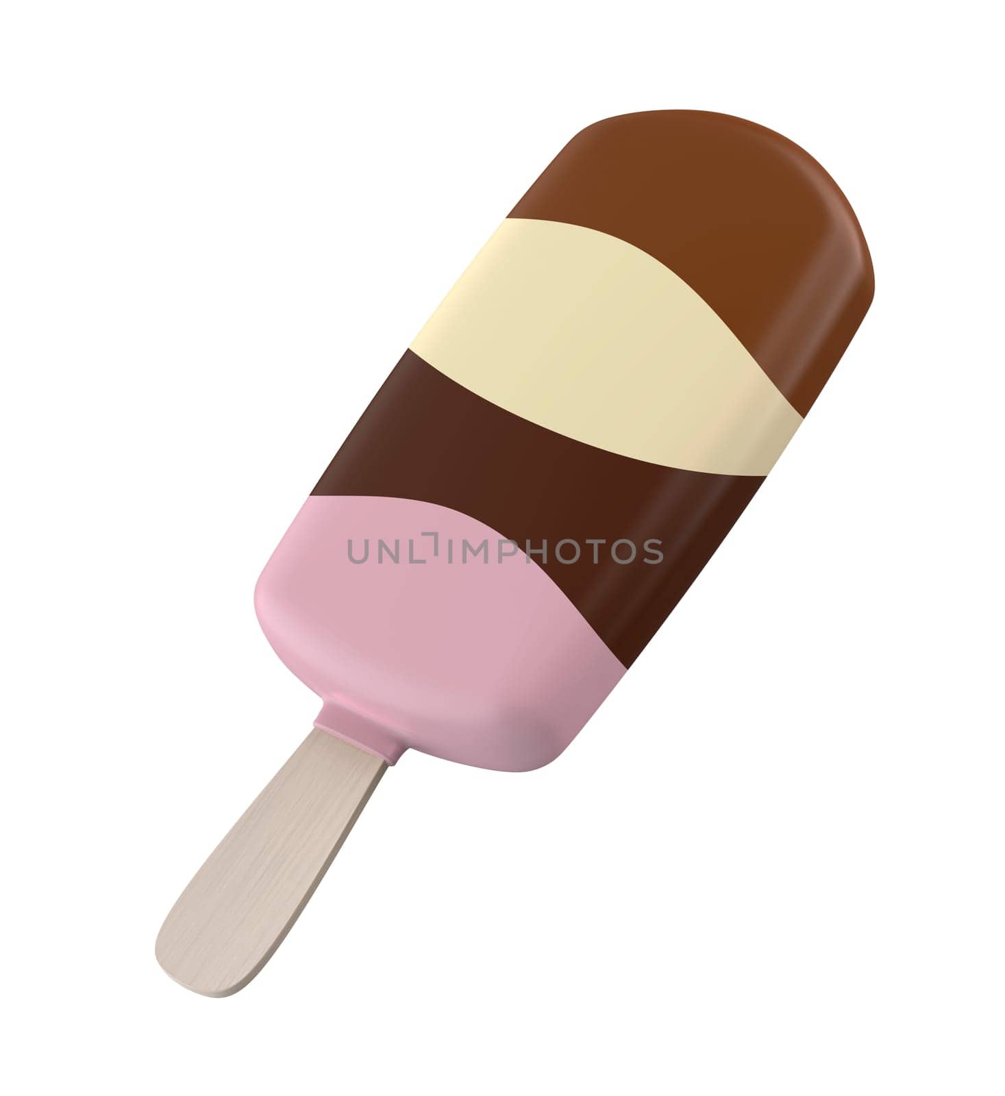Ice cream coated with four different chocolates, isolated on white background