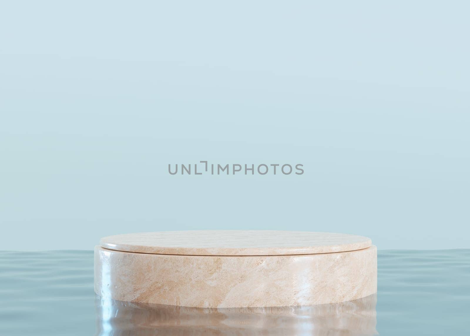 Round marble podium standing in water, blue background. Mock up for product, cosmetic presentation. Pedestal or platform for beauty products. Empty scene. Stage, display, showcase. 3D render. by creativebird