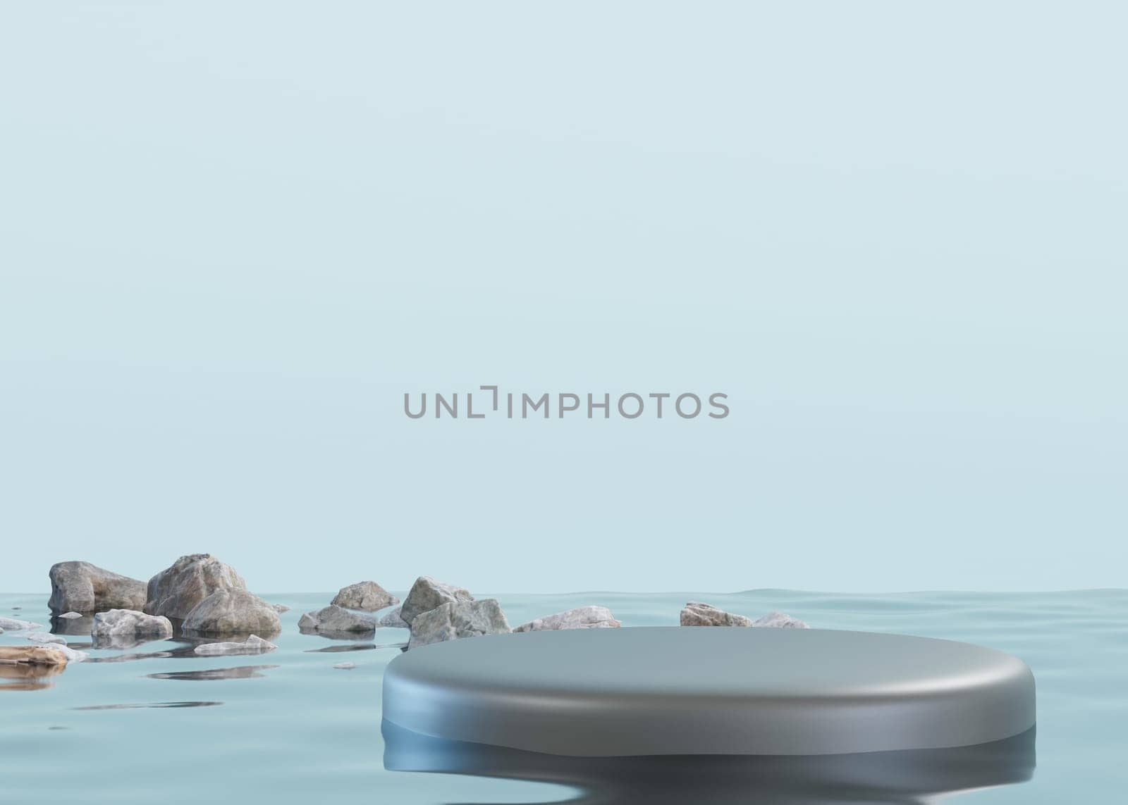 Round podium standing in water with rocks, blue background. Mock up for product, cosmetic presentation. Pedestal or platform for beauty products. Empty scene. Stage, display, showcase. 3D render