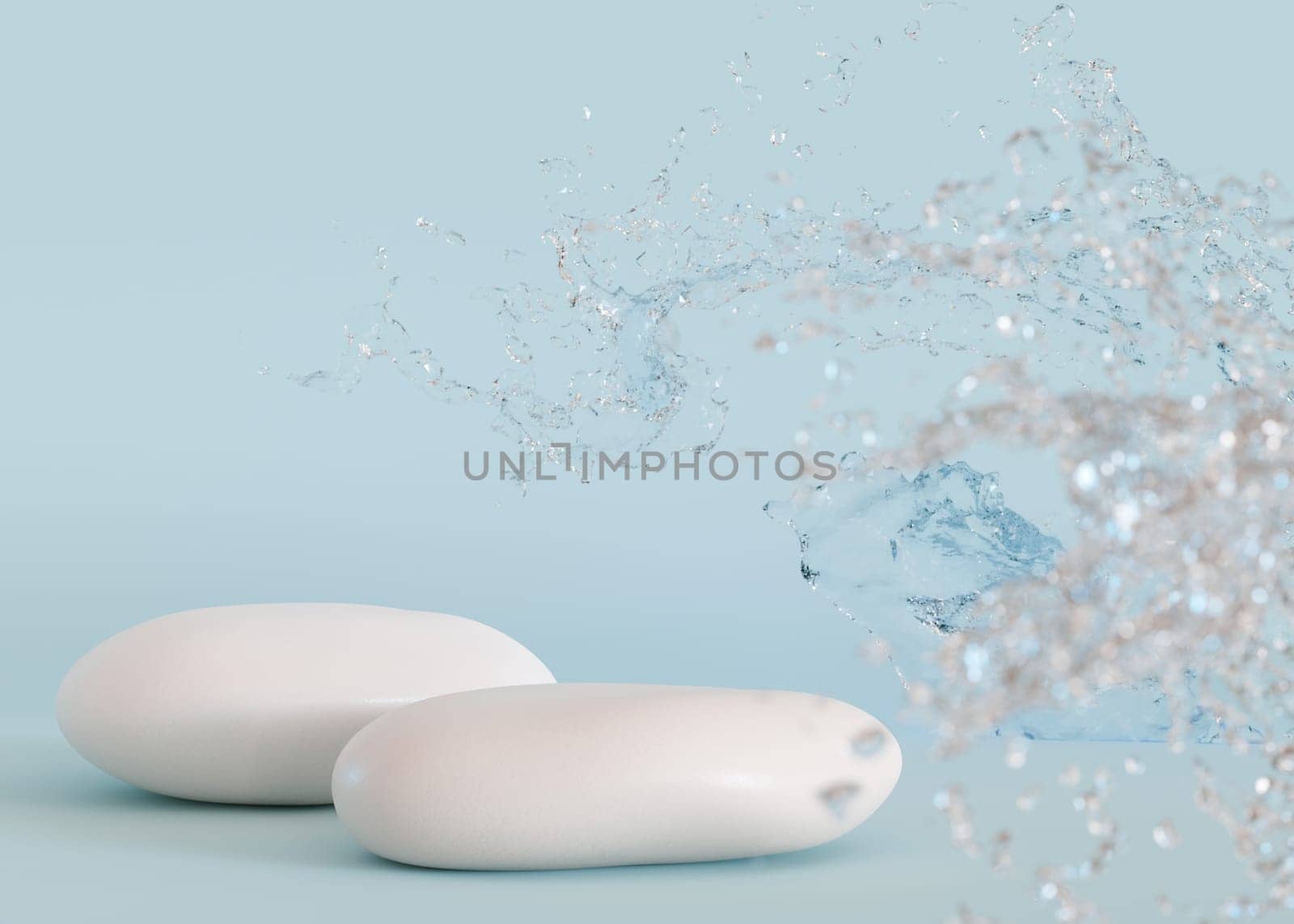 Two stones-podiums with water splash on blue background. Elegant stage for product, cosmetic presentation. Natural mock up. Pedestal, platform for beauty products. Spa stone. Display, showcase. 3D render