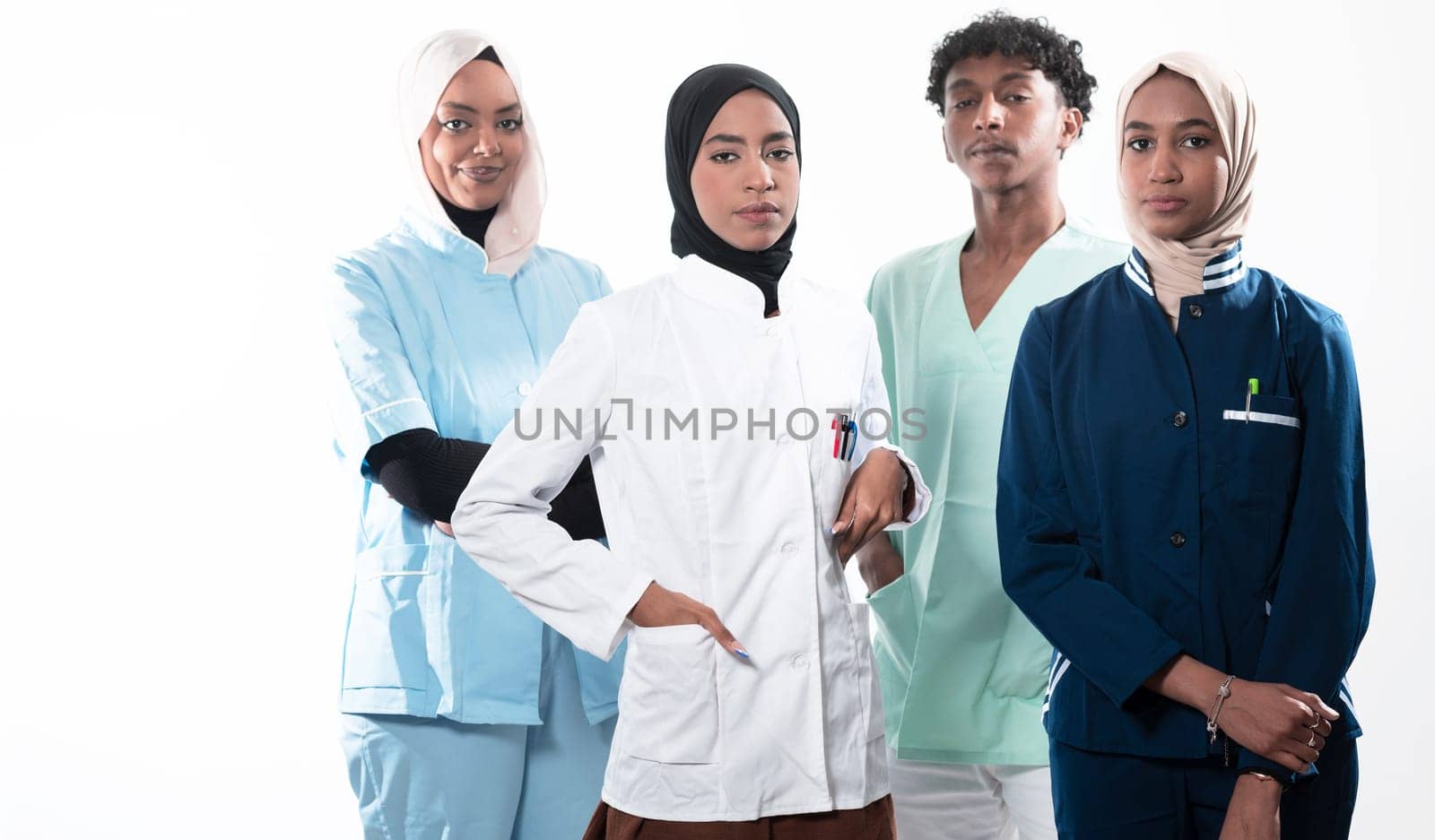 Closeup front view of group of mixed age doctors and nurses standing side by side and looking at the camera. Young Middle Eastern female in a team with African American black doctor. High quality photo