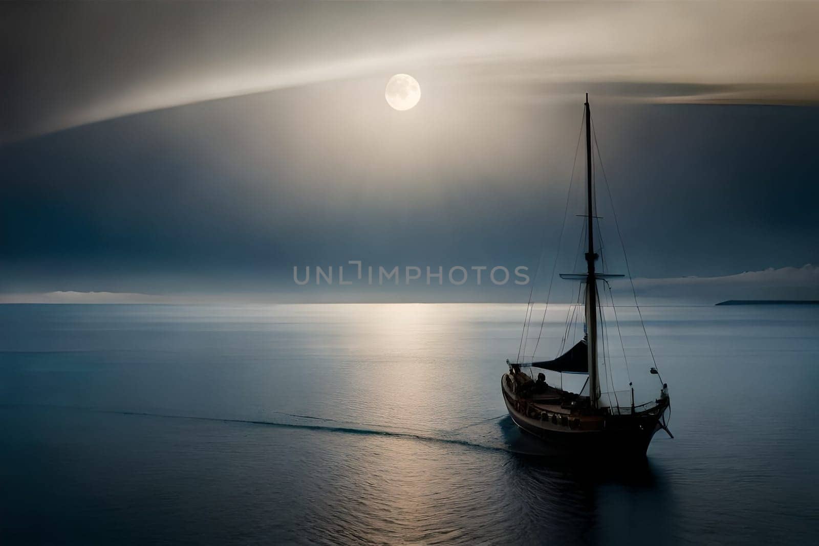 Moonlight in ocean landscape. The ocean stretches out as far as the eye can see, its surface a canvas of deep, midnight blue. AI generated image