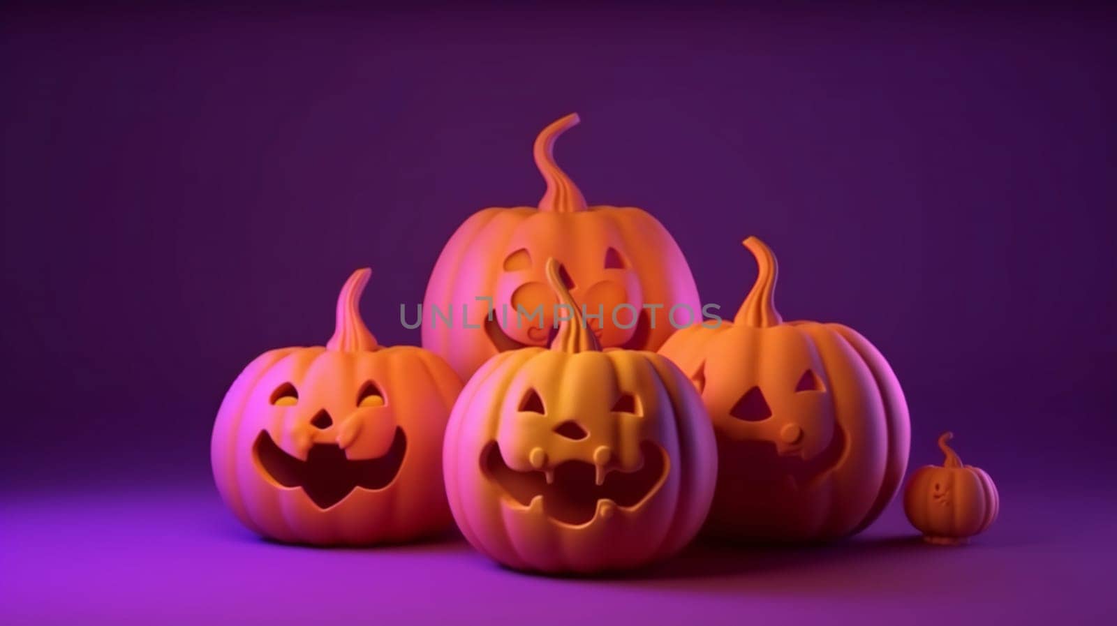 Set of scary and spooky cute face halloween pumpkins with glow light inside in night light. Halloween Day. Horizontal poster , banner or card template with text space on dark background