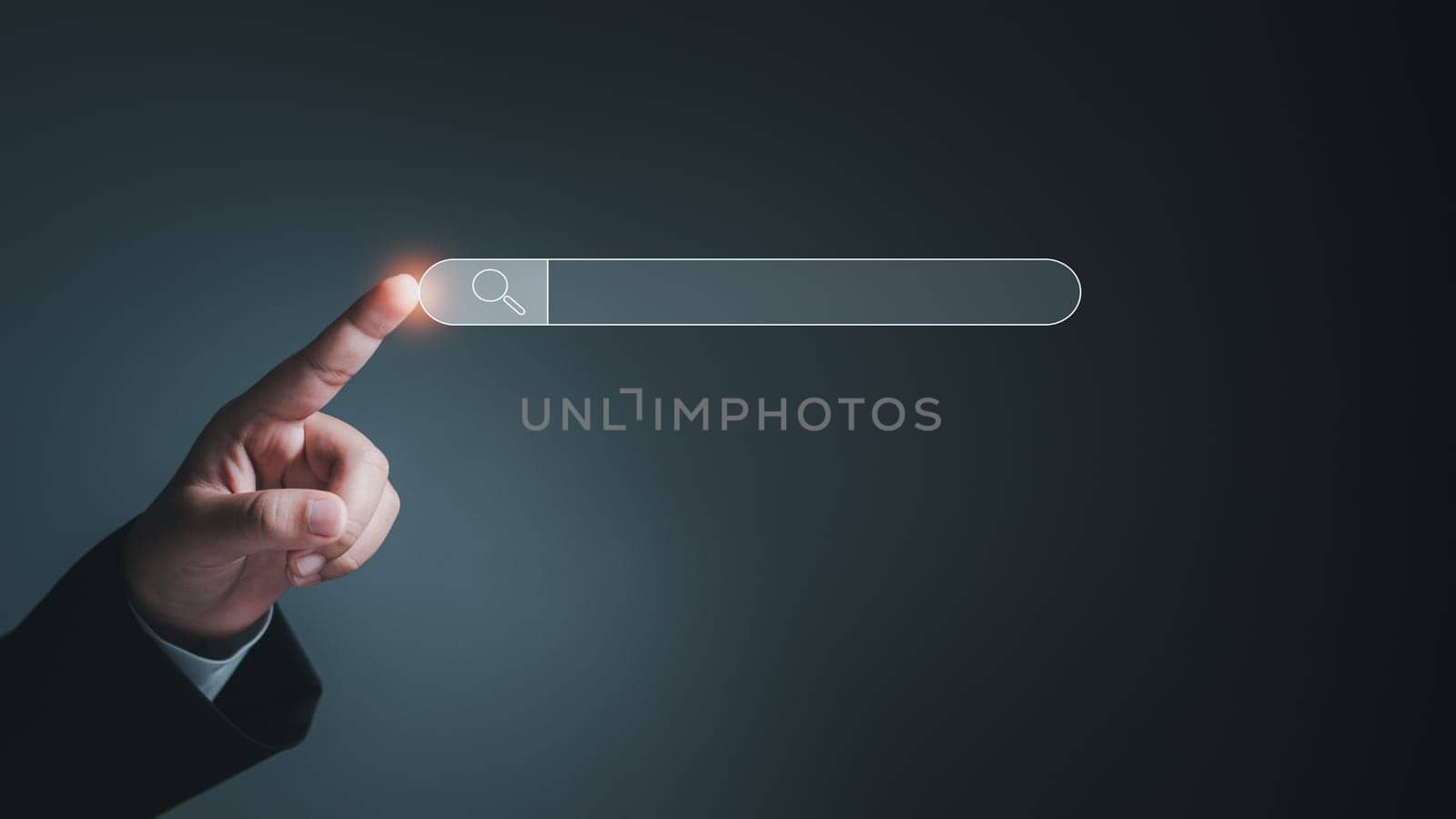 Search engine concept from network, information, job search. Businessman finger pointing to search tab.