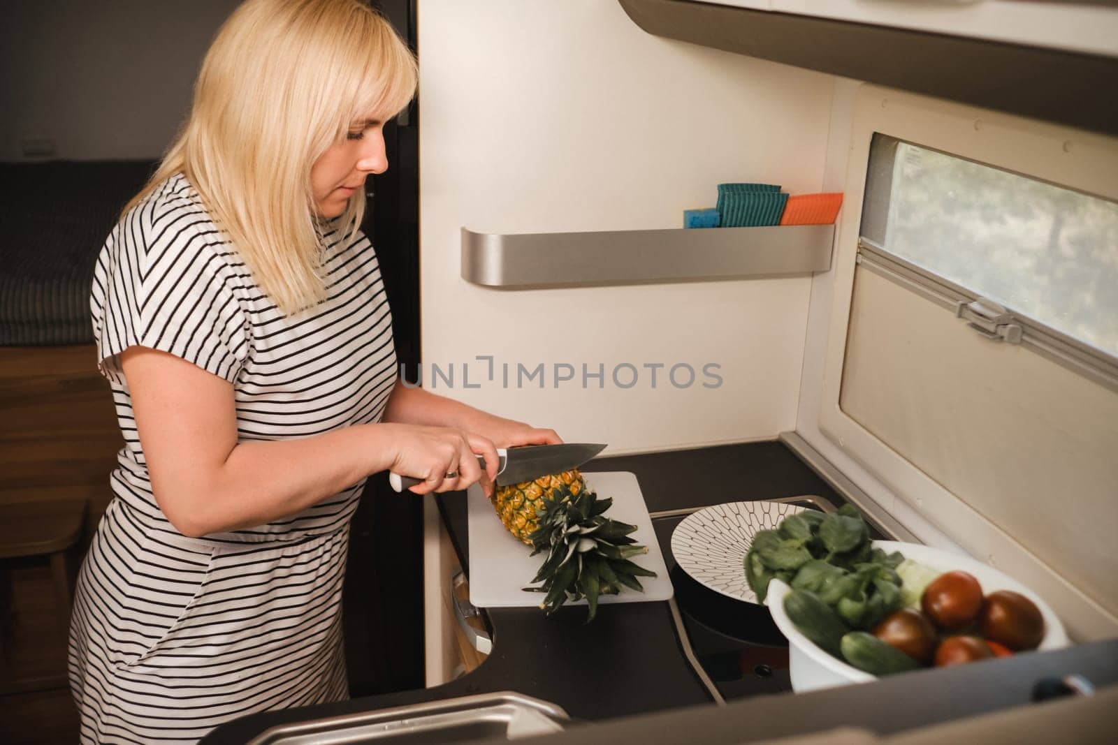 a woman cooking food in the kitchen inside a motorhome, the interior of a motorhome.