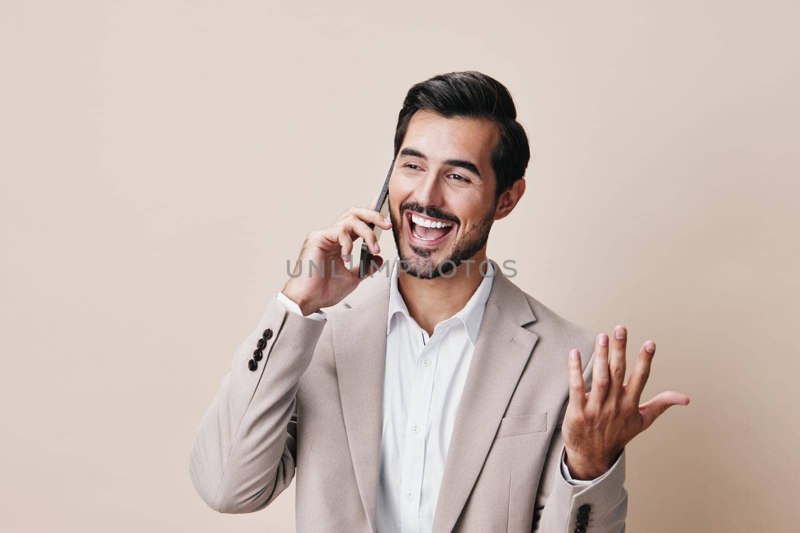 man gray business phone app phone young smartphone hold mobile suit call holding mobile beard guy communication selfies cellphone portrait happy smile