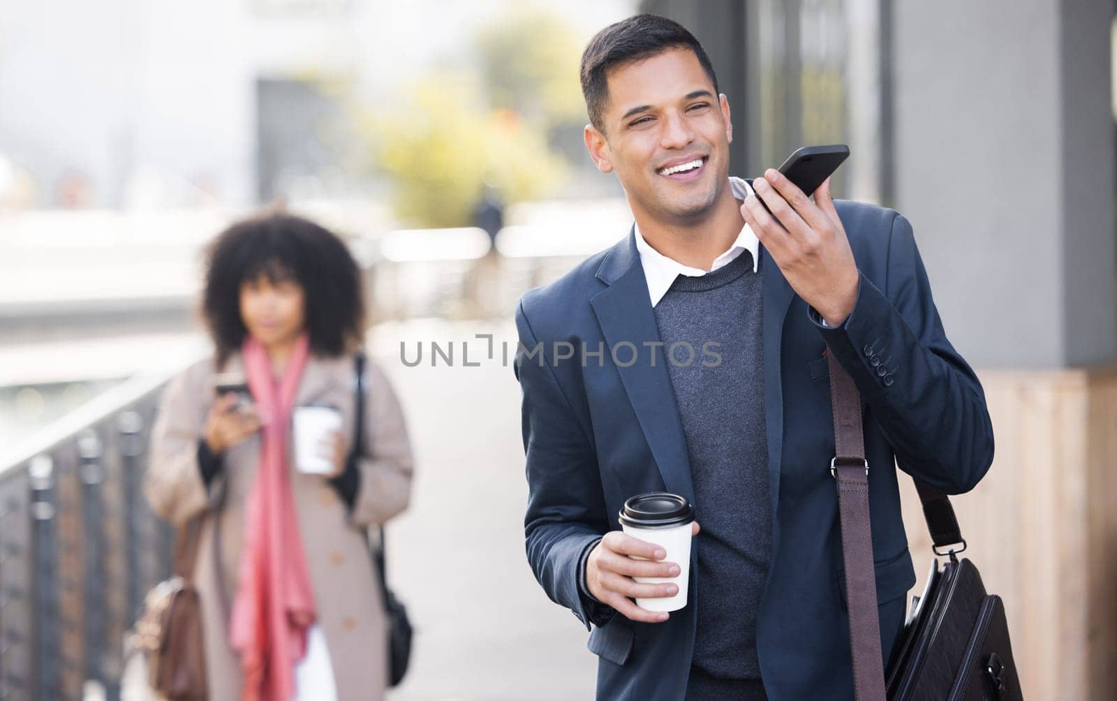 Happy, virtual assistant or business people with phone call for contact us, communication or networking in London street. Smile, 5g network or employee man on smartphone for speaking, travel or memo by YuriArcurs