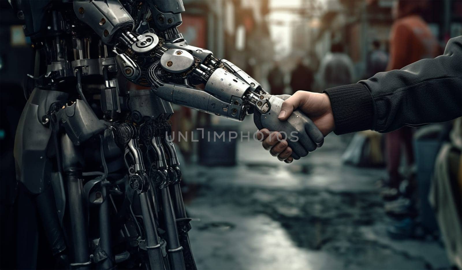 The hand of a metal robot shakes the hand of a man in a black jacket. Against the backdrop of the city
