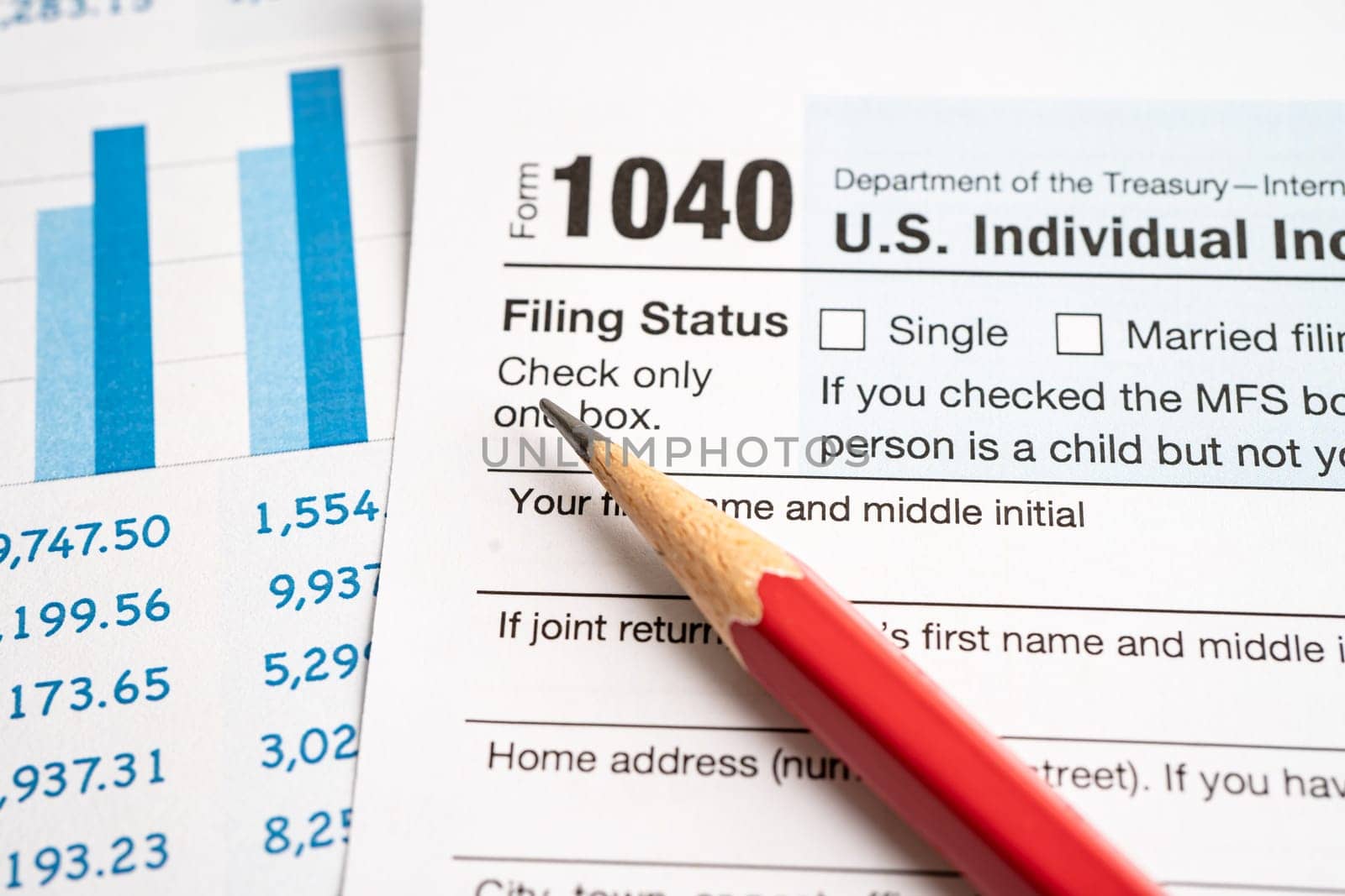 Tax Return form 1040 with USA America flag and dollar banknote, U.S. Individual Income.