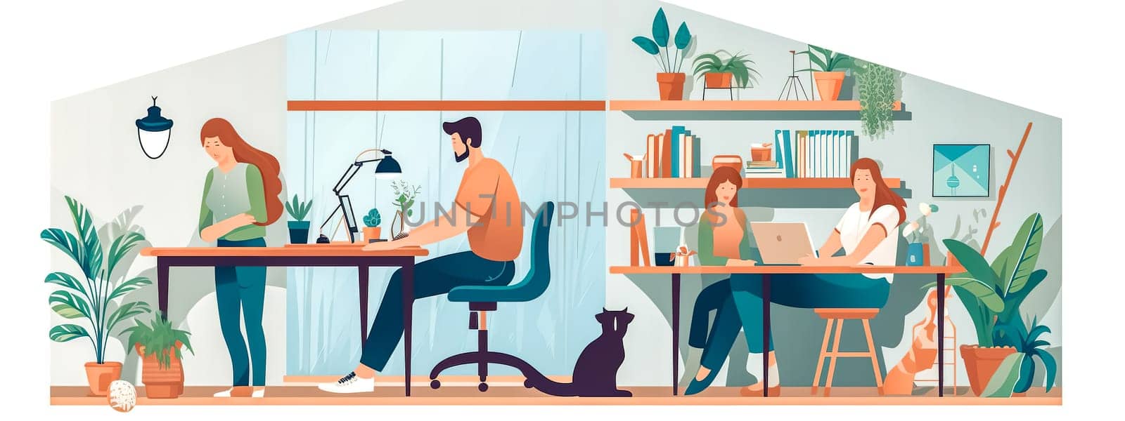 home office, remote work online from home. communication and sharing via the Internet, banner, made with Generative AI. High quality illustration