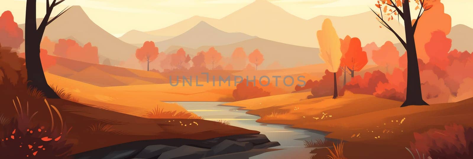 Autumn landscape with trees, mountains, fields, leaves. Countryside landscape. Autumn background. banner. Generative ai by juliet_summertime