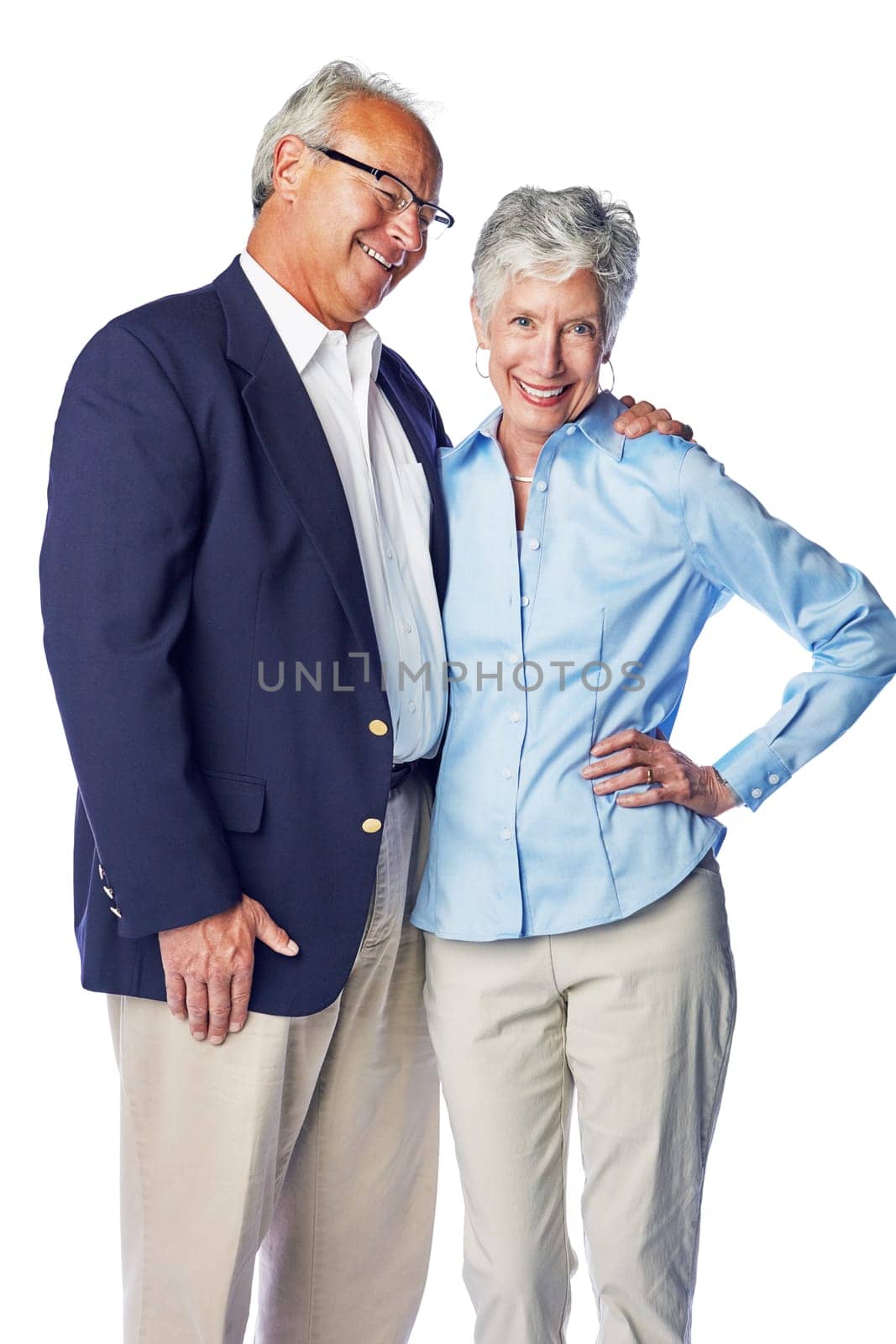 Love, smile and portrait of senior couple standing in studio, isolated on white background. Retirement, happy and healthy relationship, romance for elderly man with woman together in formal clothes