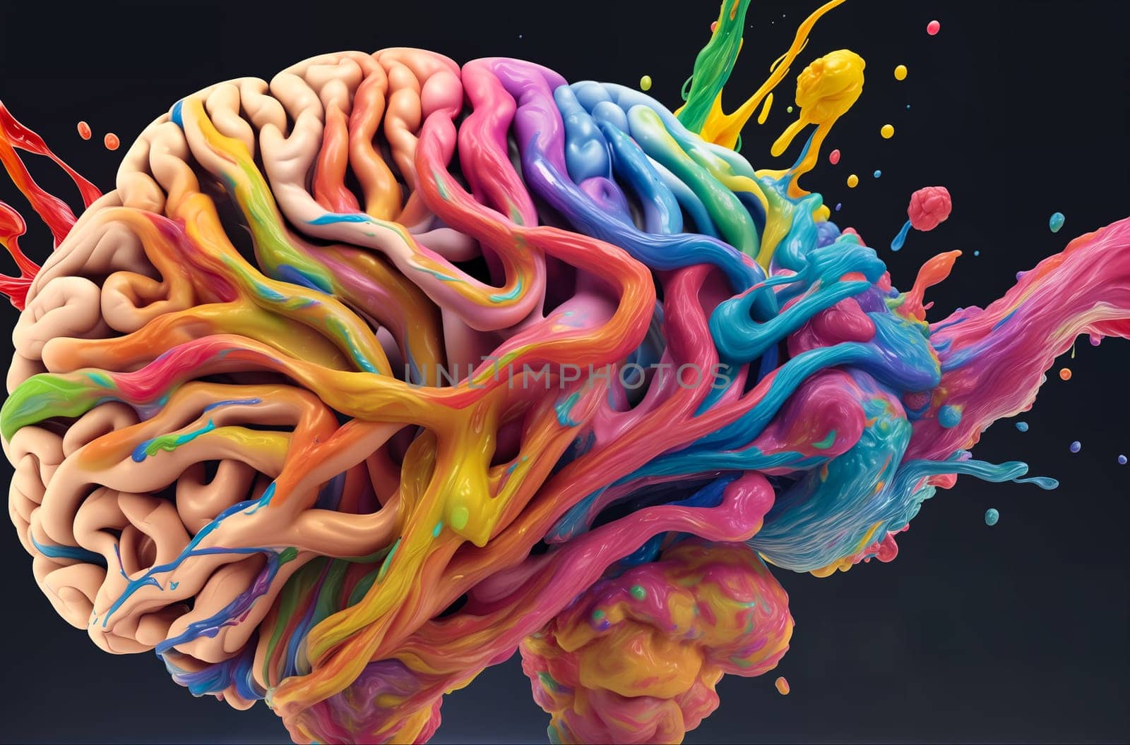 Multicolored human brain exploding with colors. Brain creativity concept. Generative AI