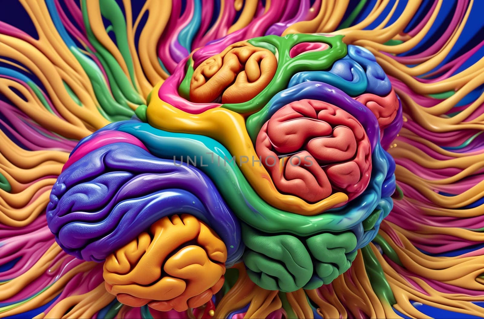 Multicolored human brain exploding with colors. Brain creativity concept. Generative AI