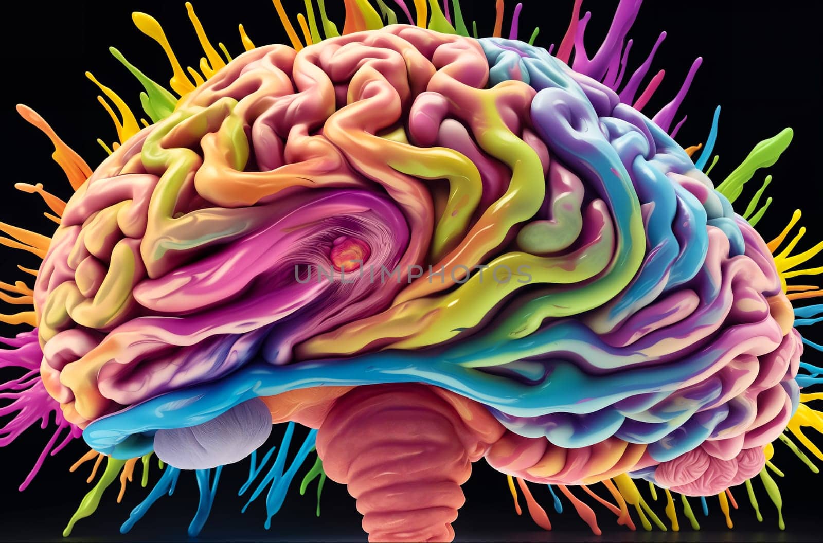 Colorful human brain splashing with paint. Creative brain concept. Generative AI