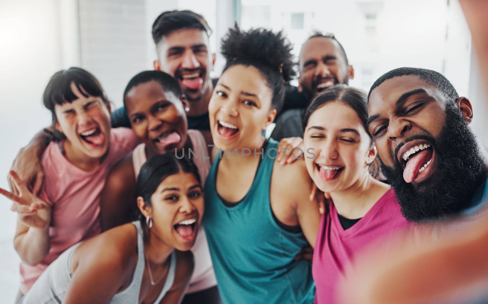 Yoga, fitness and selfie portrait of friends excited for workout, exercise goal and training in gym. Sports club, social media and funny, crazy and happy group for motivation, smile and pilates class.