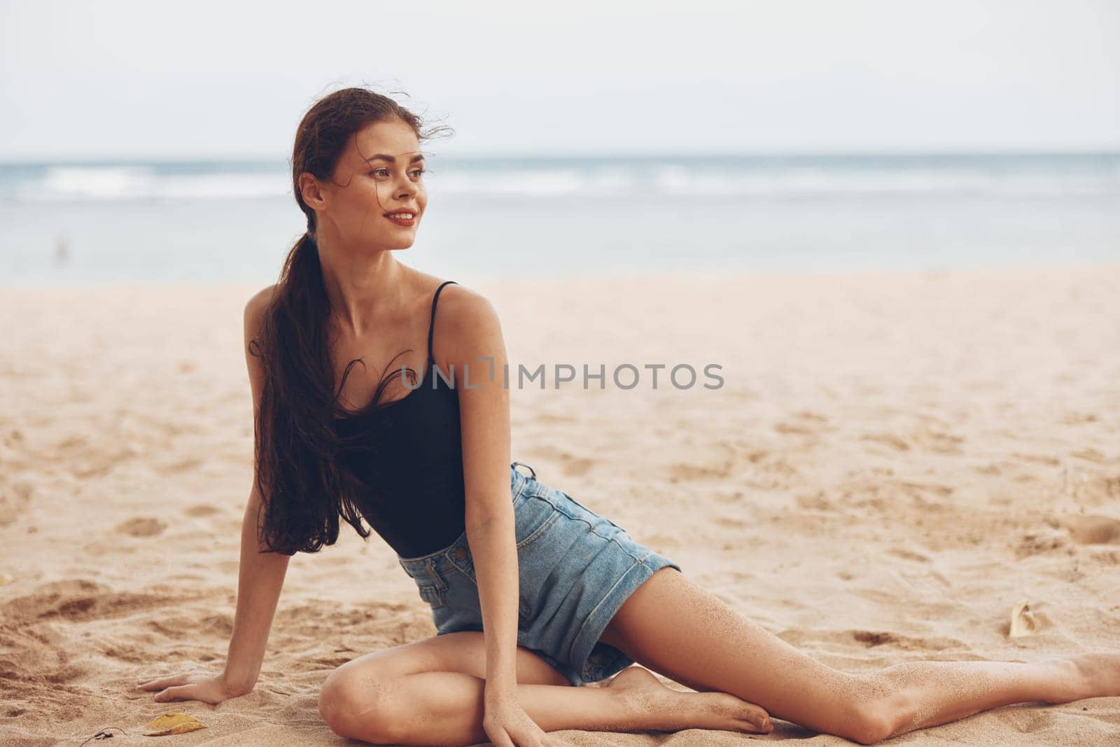 vacation woman pretty sea sitting nature beach sand freedom smile travel by SHOTPRIME