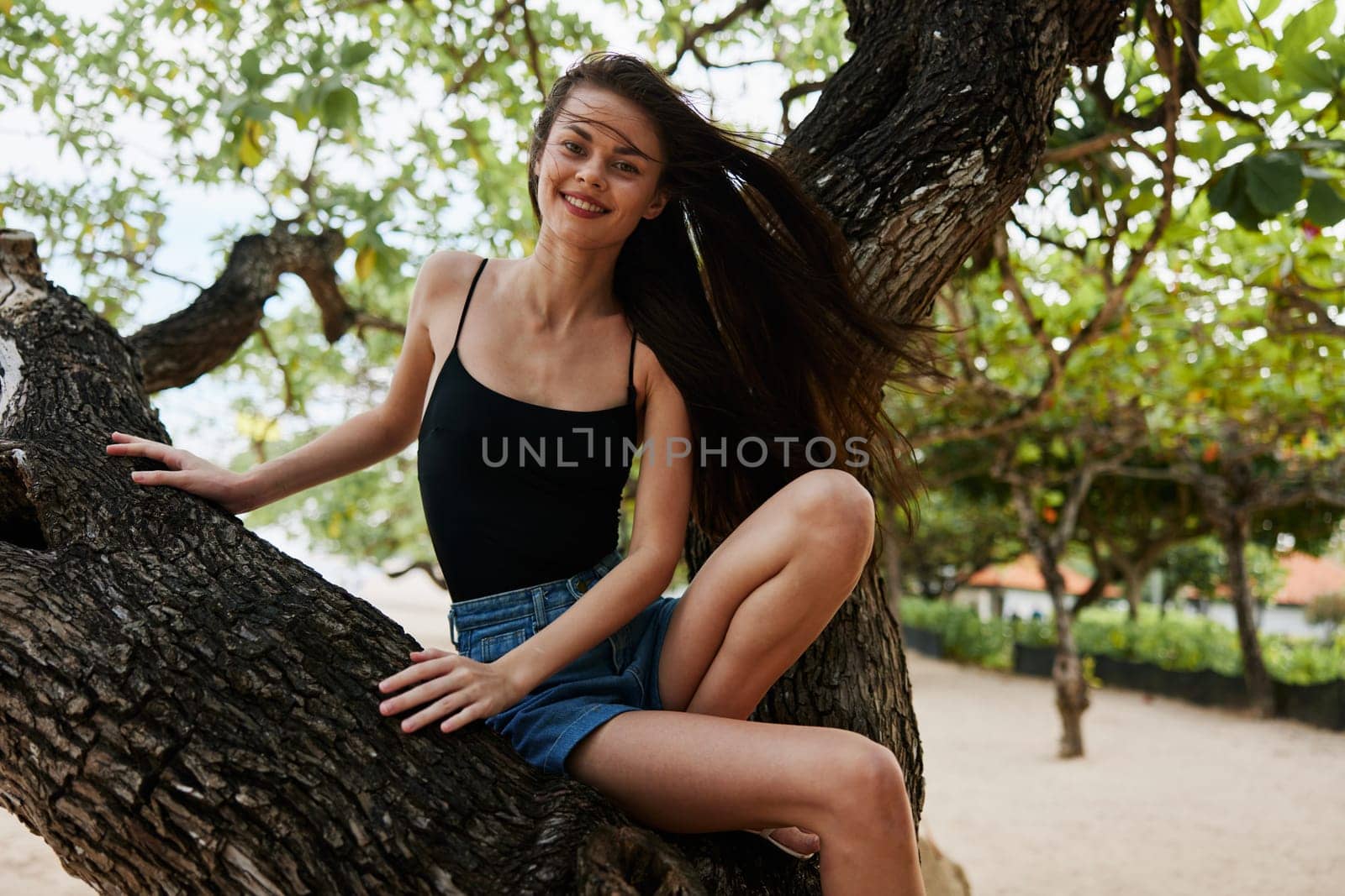 woman fool sea nature girl person sky ocean palm holiday vacation tree relax sitting summer smiling fitness sunny lifestyle looking hanging