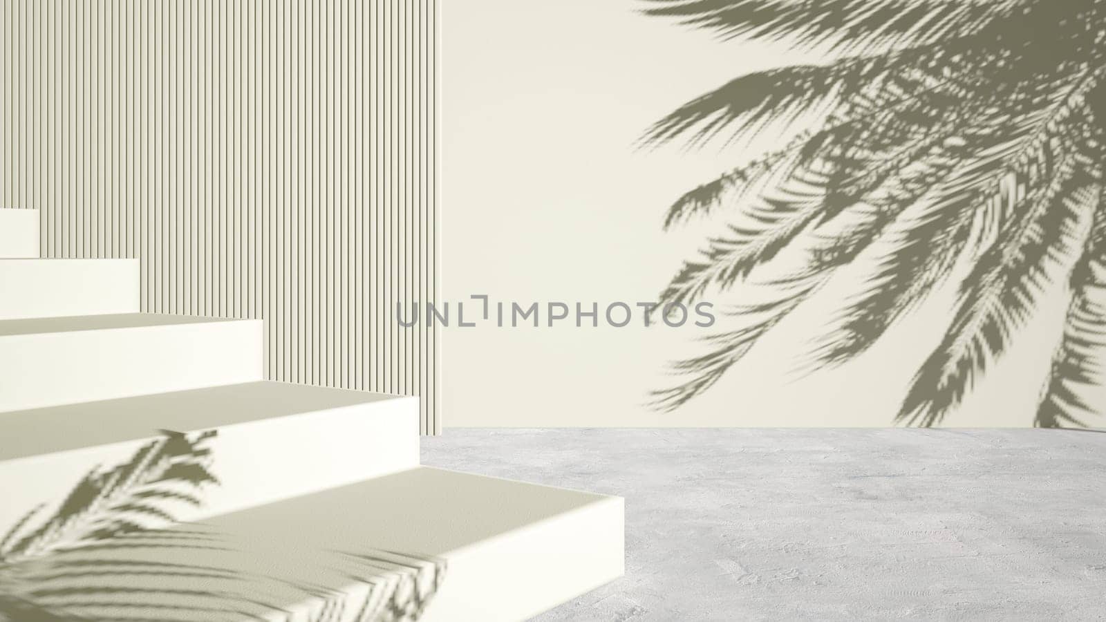 Studio background for product presentation. Empty room with sunlight and shadow of leaves on the wall. Podium for advertising cosmetics and other products. 3d rendering
