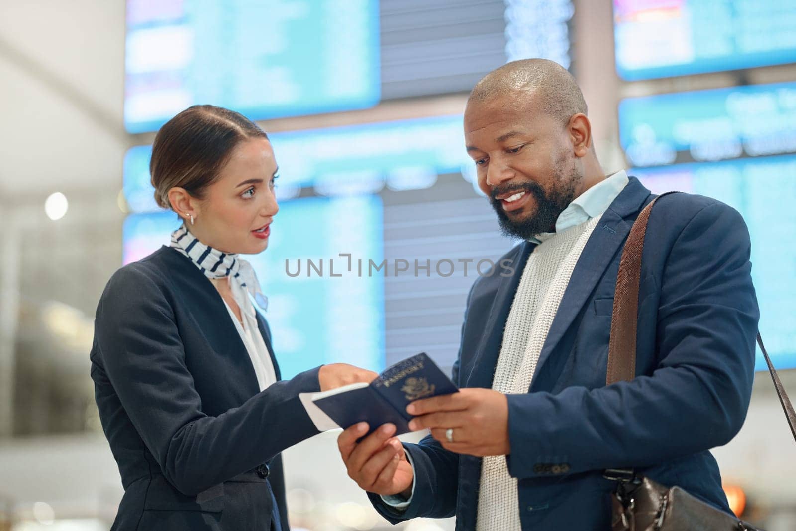 African businessman, passport and airport woman with compliance check, reading and travel policy. Corporate black man, airline worker and documents for international transportation with inspection by YuriArcurs
