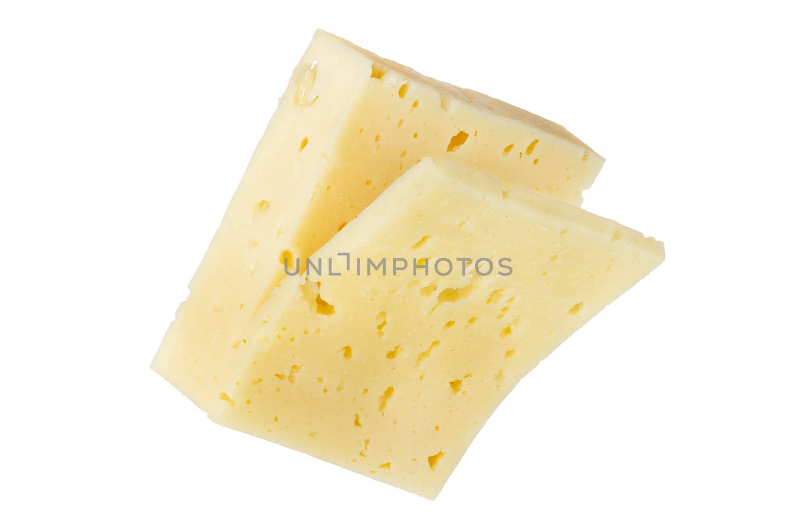 A large piece of cheese with a slice cut off, isolated on a white background. Cheese for pizza. Sliced piece of cheese on a white background close-up. Insert into a design or project. by SERSOL