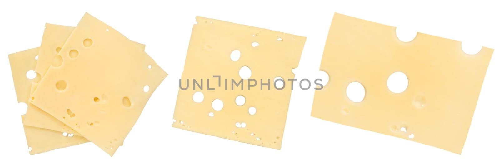 Emmental cheese isolate. Cheese slices with big holes close-up. Emmental cheese is cut into thin slices of different shapes, isolated on a white background. High quality photo