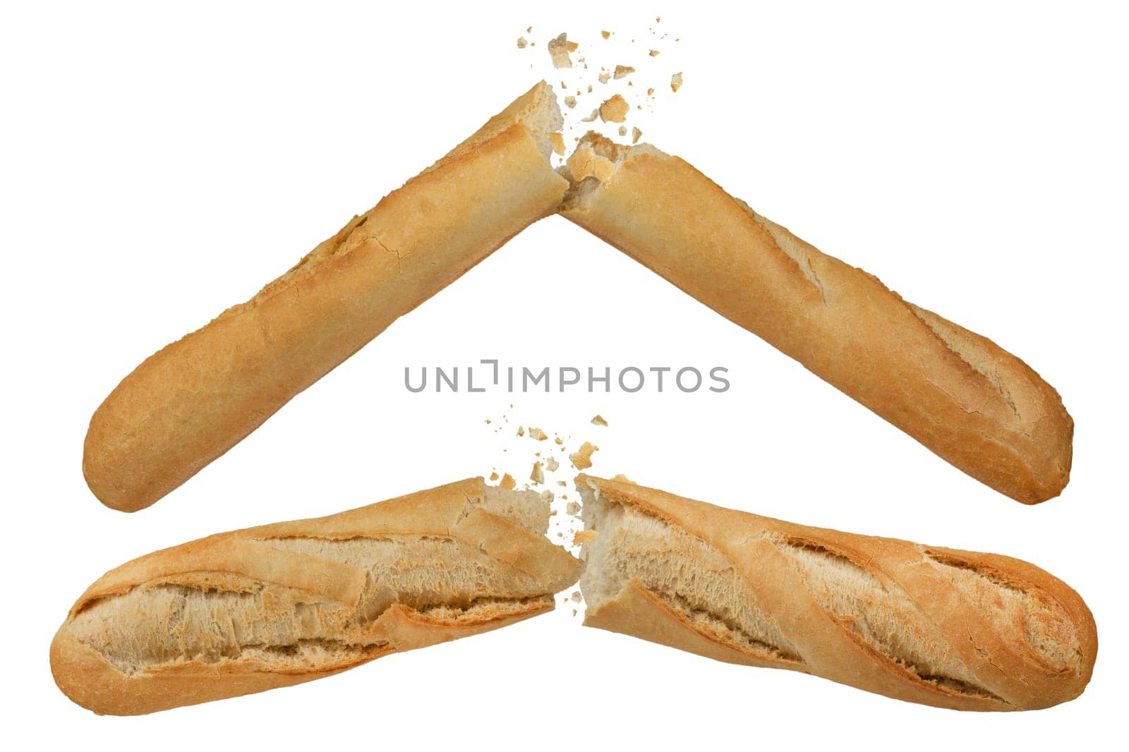 A set of several loaves of long white bread isolated on a white background. A loaf of crispy baguette broken in half, crumbs flying in different directions. To be inserted into a design or project