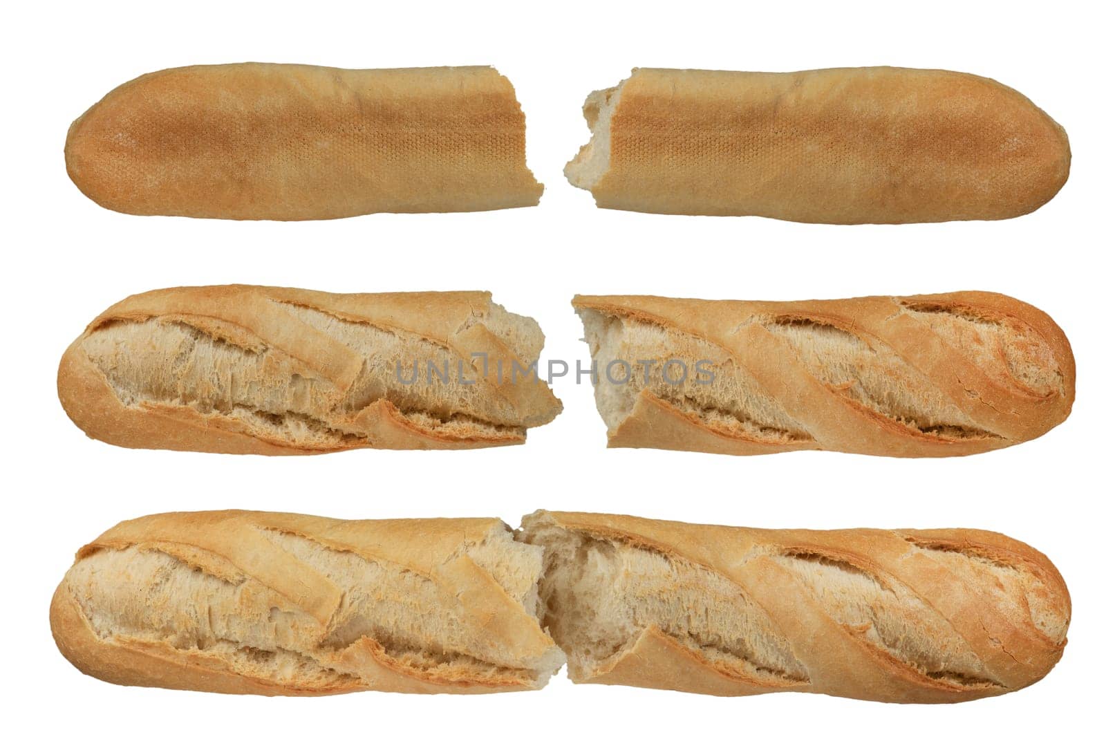 A set of several loaves of long white bread isolated on a white background. Crispy baguette loaf broken in half. To be inserted into a design or project. High quality photo