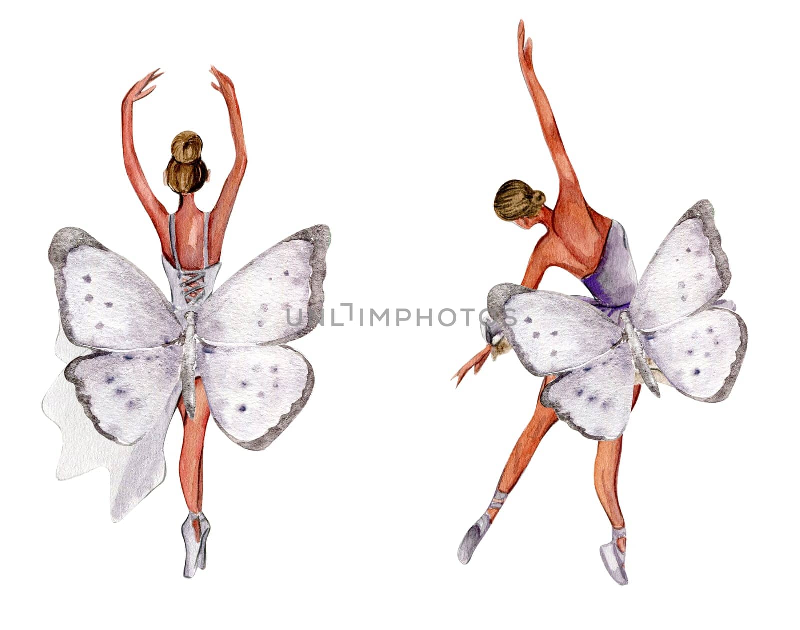 Watercolor dancing ballerina with butterfly set. Lilac dresss ballerina. Picture for poster, invitation, postcard, background and posters
