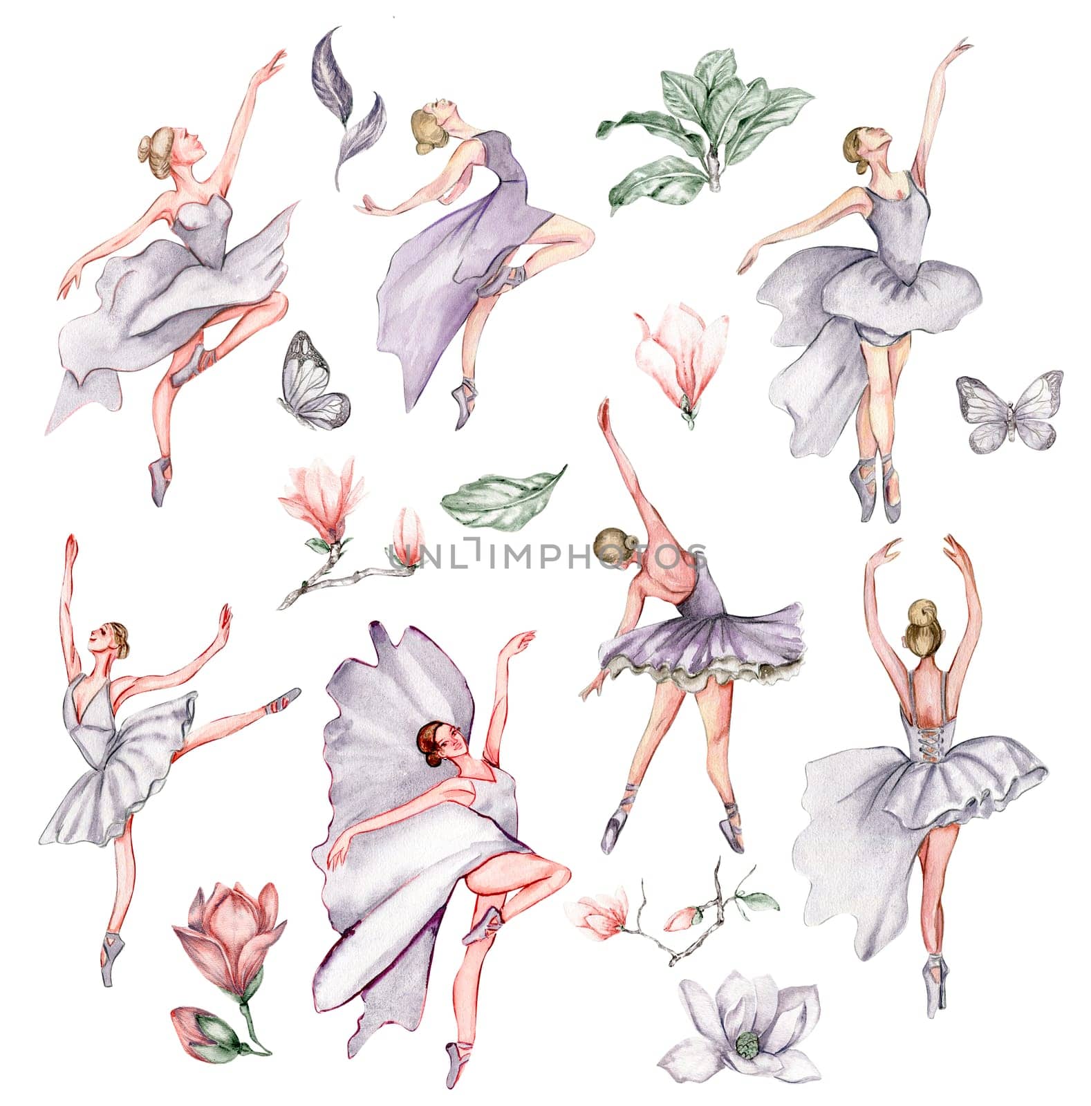Watercolor dancing ballerina with butterfly and magnolia. Lilac dresss ballerina. Picture for poster, invitation, postcard, background and posters