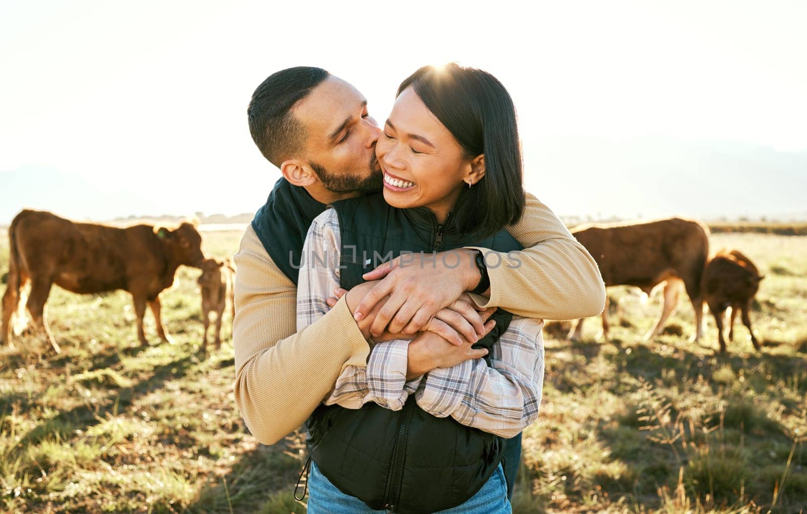 Love, cow and agriculture with couple on farm for bonding, kiss or affectionate hug. Sustainability, production and cattle farmer with man and woman in countryside field for dairy, livestock or relax by YuriArcurs