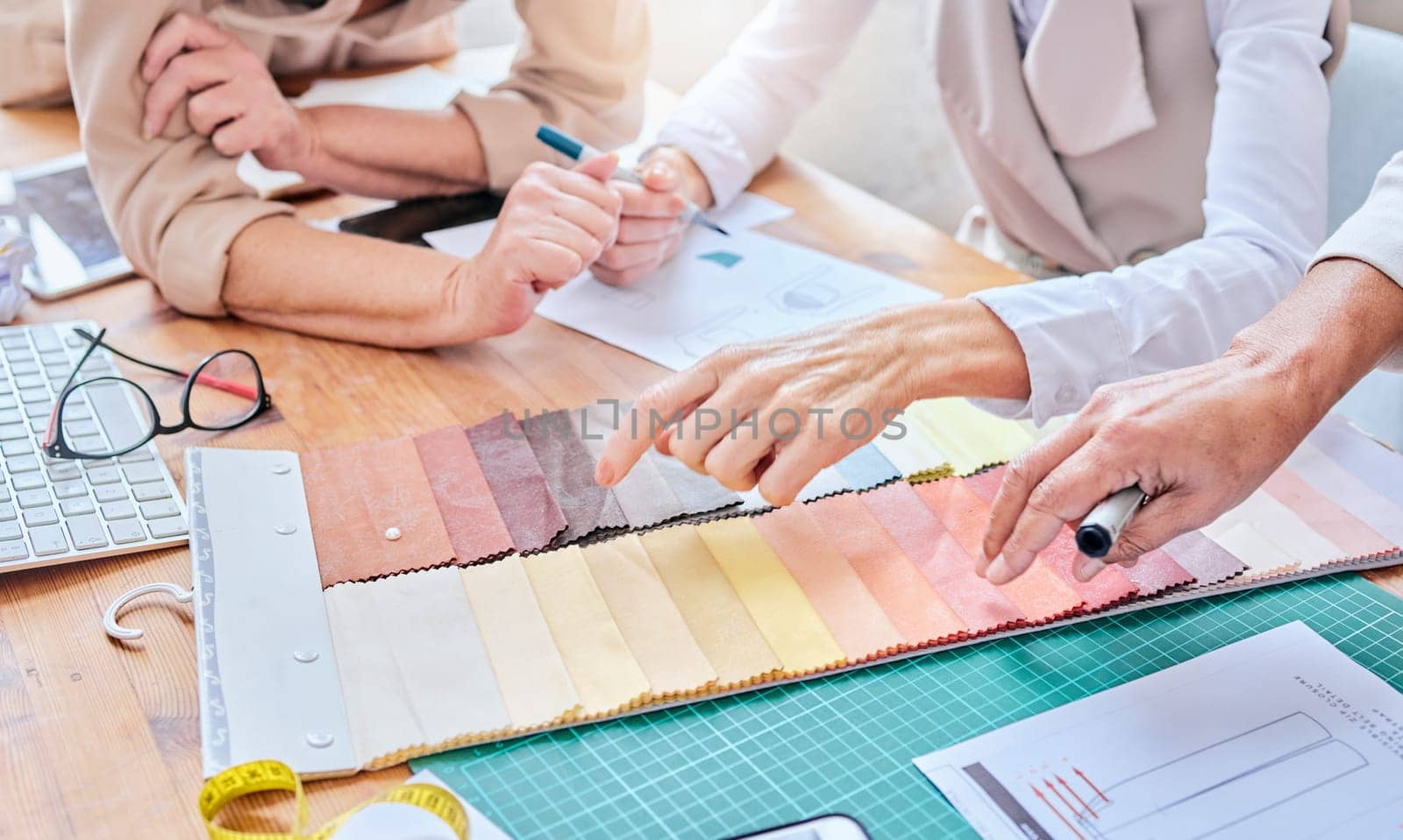 Planning, fabric choice and fashion hands in creative project, collaboration and textile design. Startup, development and studio, workshop or manufacturing people ideas, art vision and color palette.