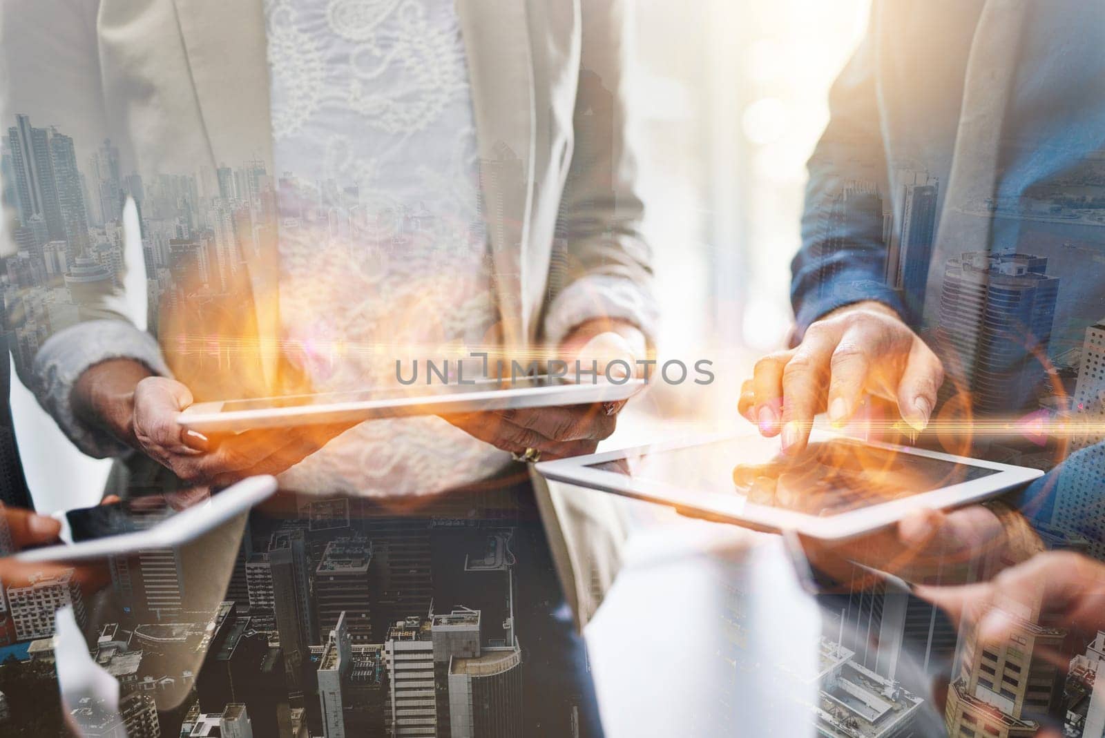 Hands, tablet and group overlay of business people networking on digital technology. City double exposure, devices or teamwork of employees with touchscreen and mobile phones for communication online.