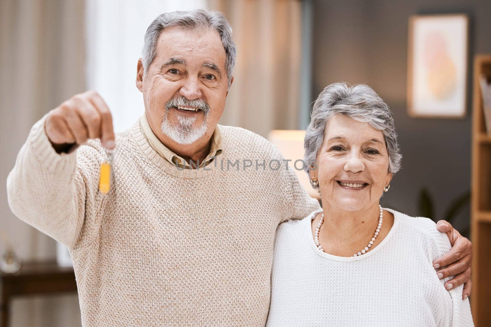 Real estate keys, senior couple and portrait of new home owner happy with apartment, house or property investment. Retirement love, mortgage and elderly marriage people smile for estate purchase sale.