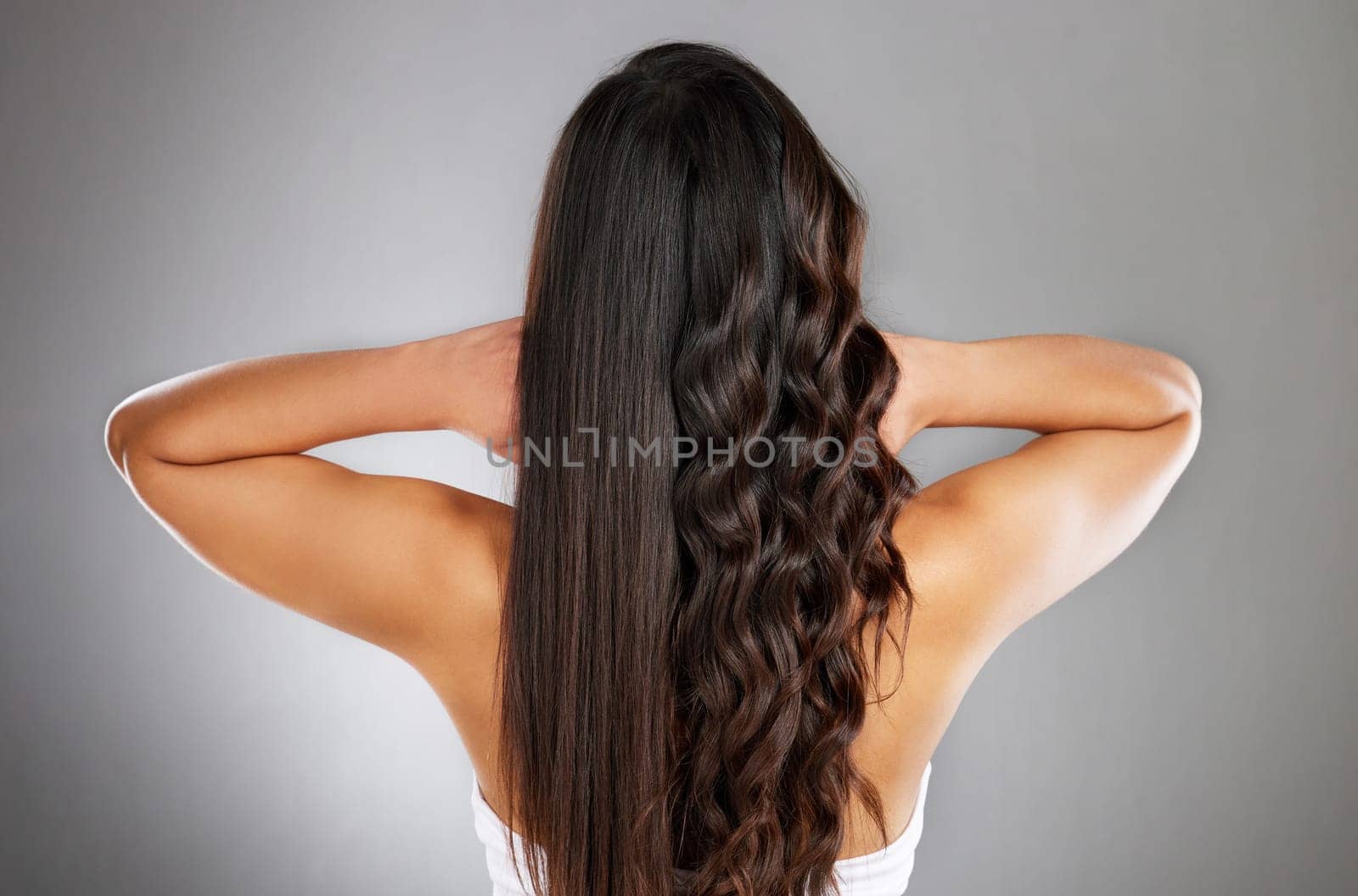 Woman back, curly or straight hairstyle on gray studio background for keratin treatment marketing, waves product advertising or grooming. Model, brunette color or healthy growth texture in wellness.