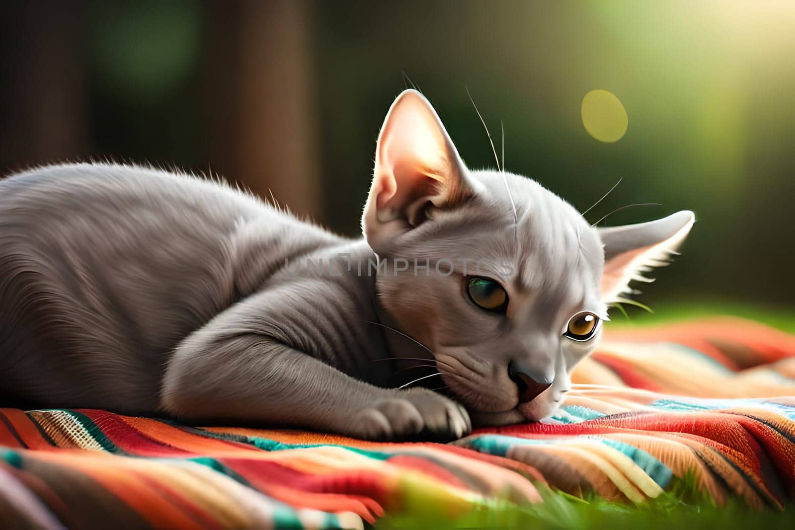 Cute gray sphinks cat sleeps on fur white blanket by milastokerpro
