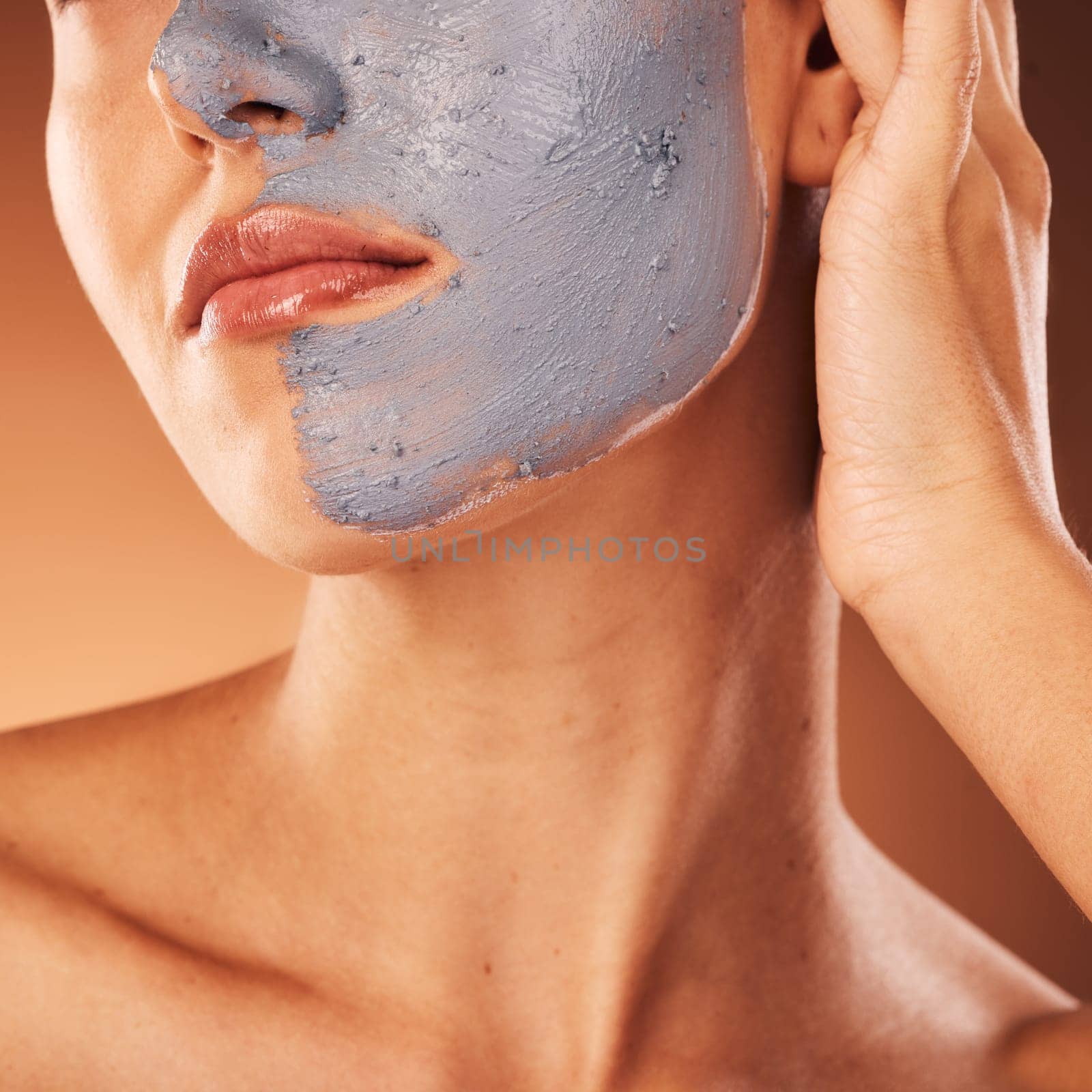 Facial mask, skincare and beauty of a woman face doing self care, health and wellness for skin. Face cleaning, dermatology and relax cosmetic cream of a model doing luxury clay product treatment.