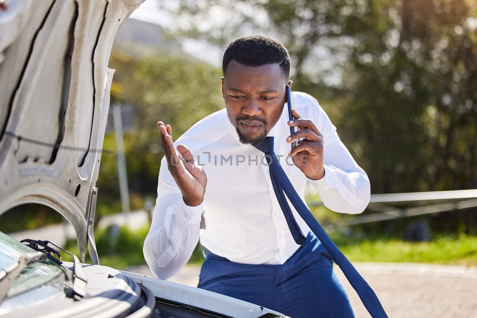 Phone call, car insurance and frustrated with black man in nature for roadside assistance, safety and emergency. Stress, angry and transportation with driver and vehicle breakdown for motor and help.