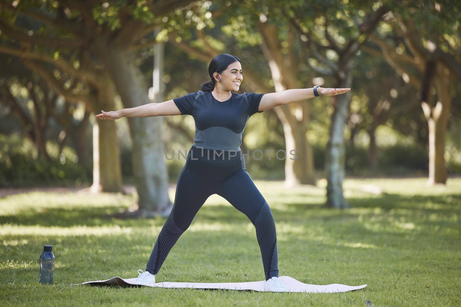 Yoga, stretching and lose weight of woman with body wellness, fitness training and pilates workout in nature park field. Mental health, healthy lifestyle and exercise sports person outdoor stretching by YuriArcurs